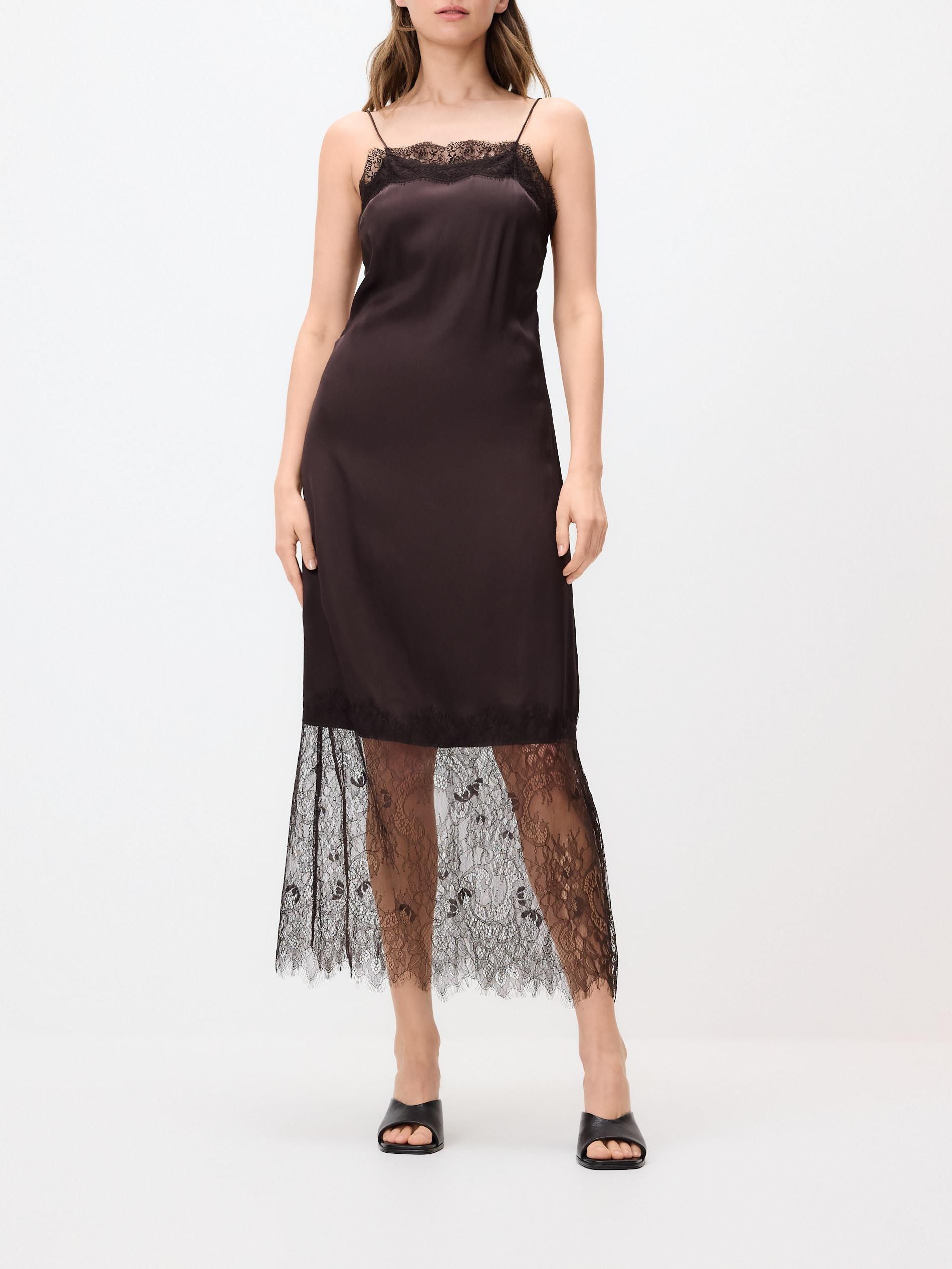 Brown Satin Dress With Lace Detail, Brown, large image number 2