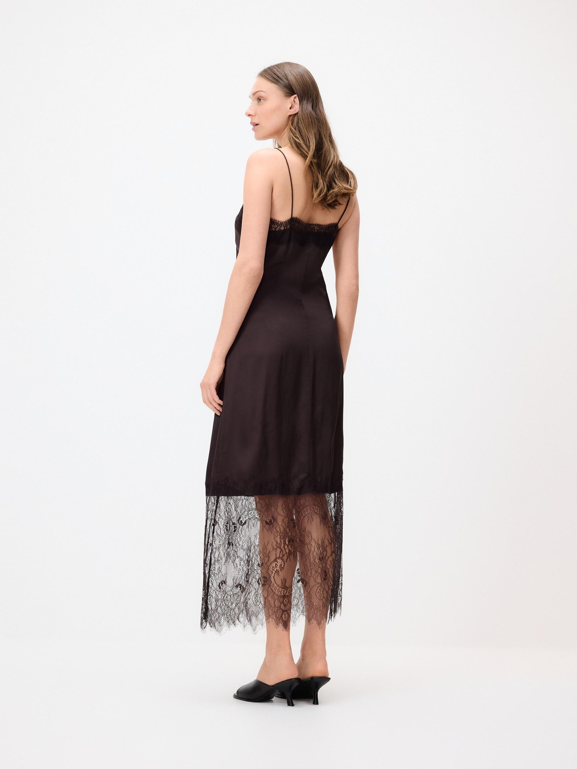 Brown Satin Dress With Lace Detail, Brown, large image number 3
