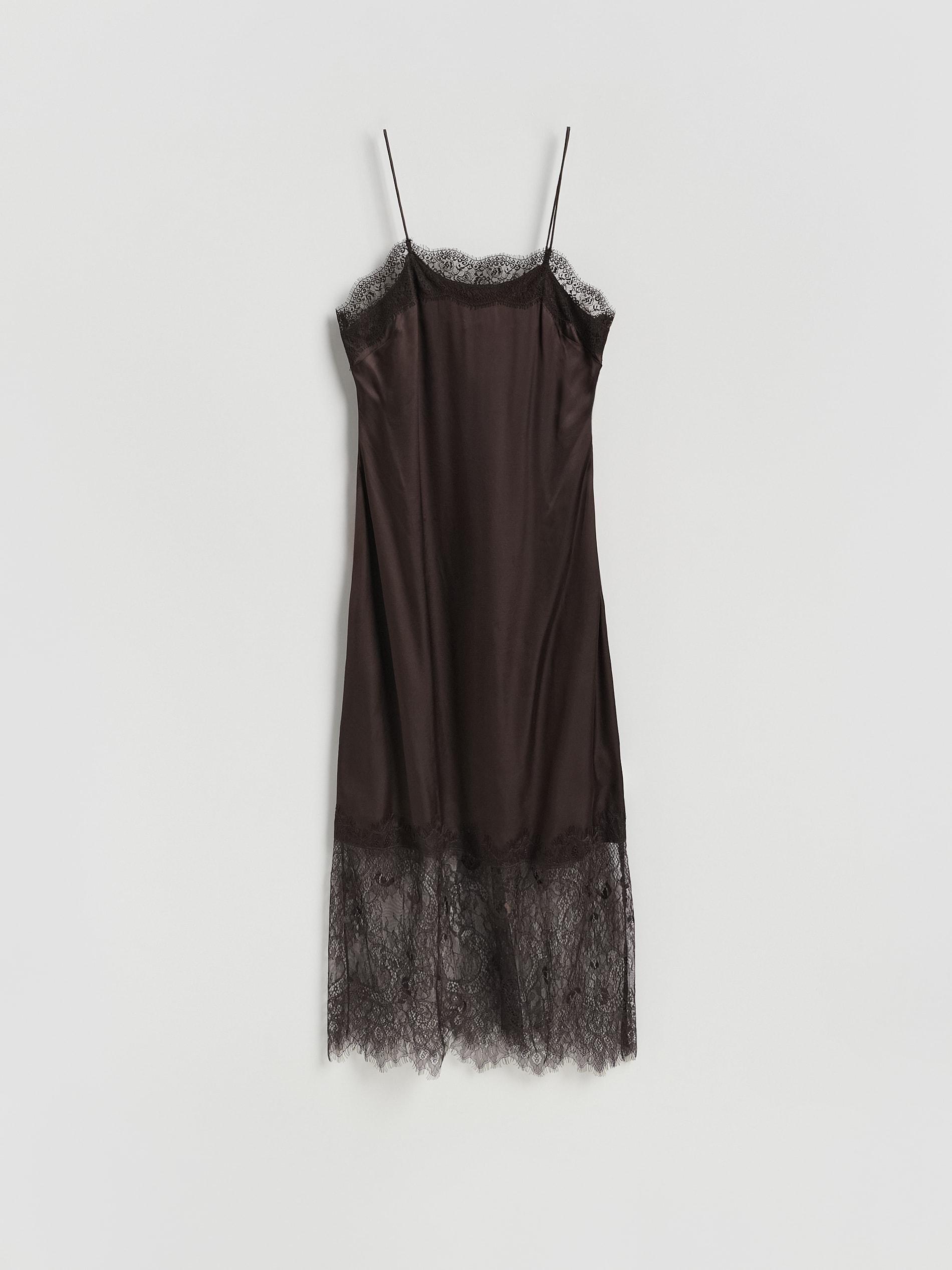 Brown Satin Dress With Lace Detail, Brown, large image number 4