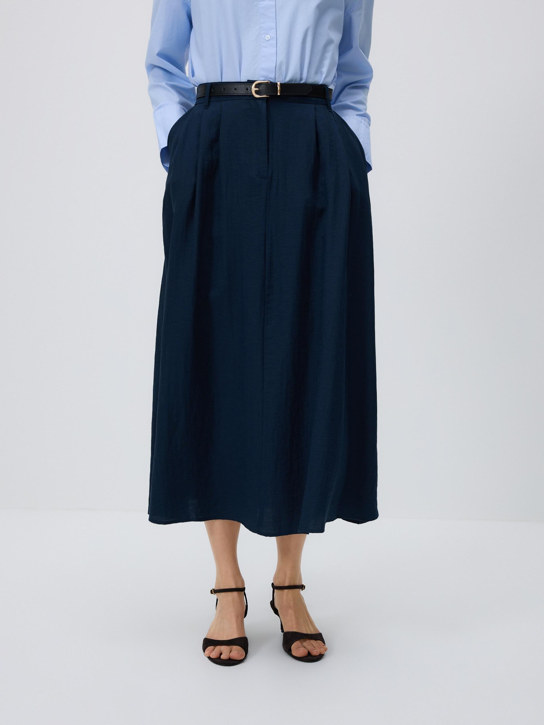 Navy Midi Skirt With Belt, Navy, large image number 1