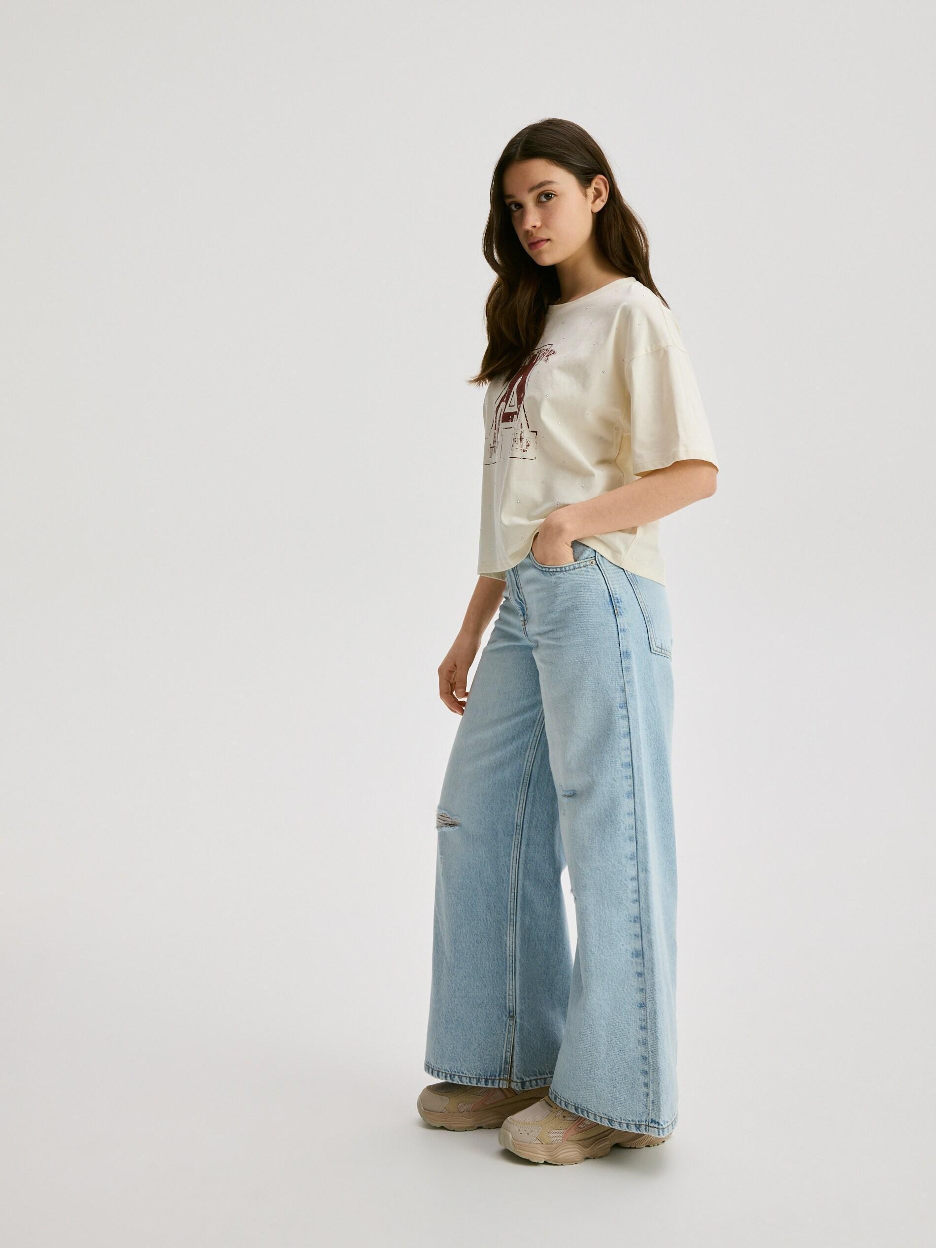 Blue Super Wide Leg Jeans With Details, Blue, large image number 0