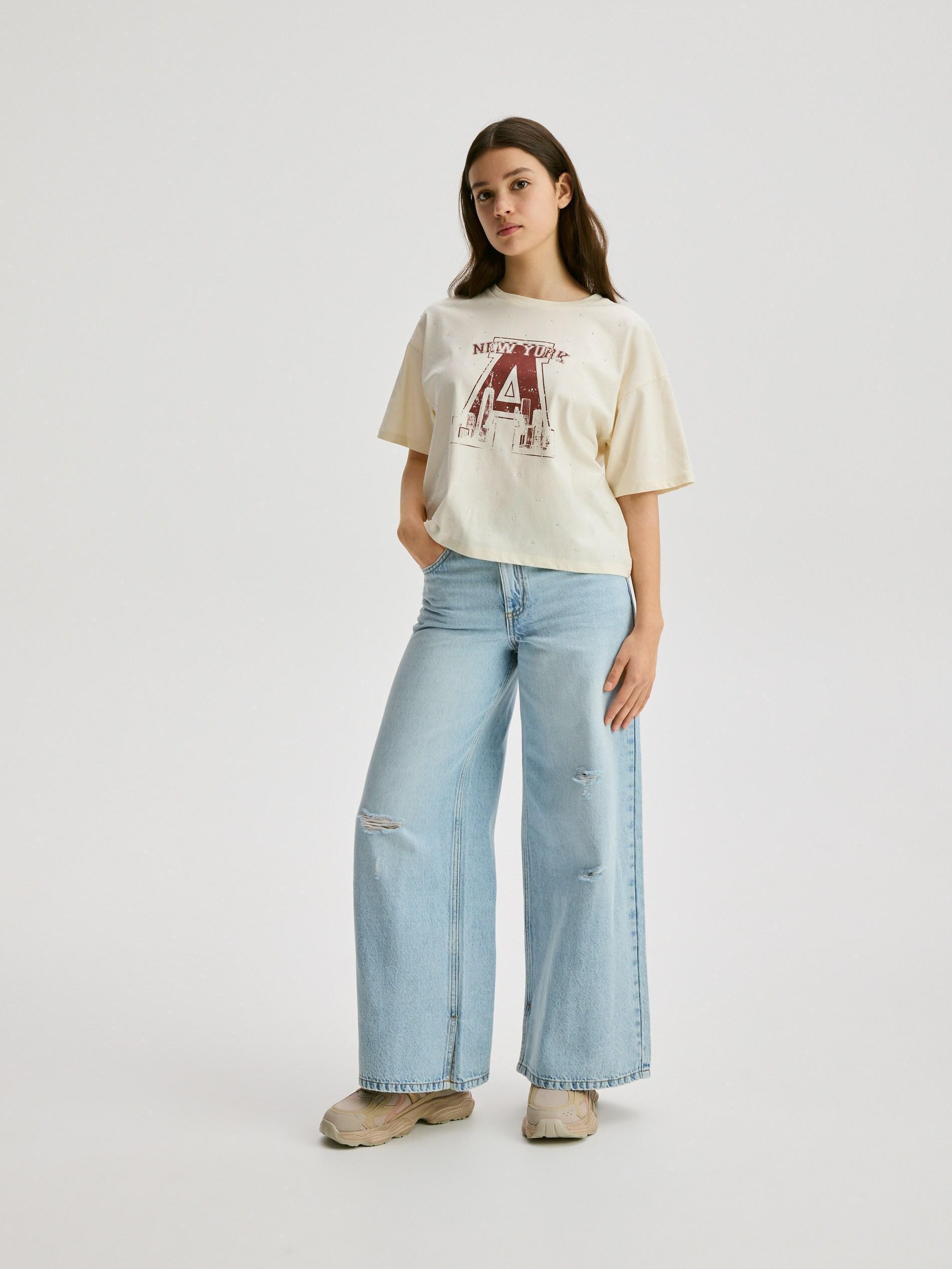 Blue Super Wide Leg Jeans With Details, Blue, large image number 3