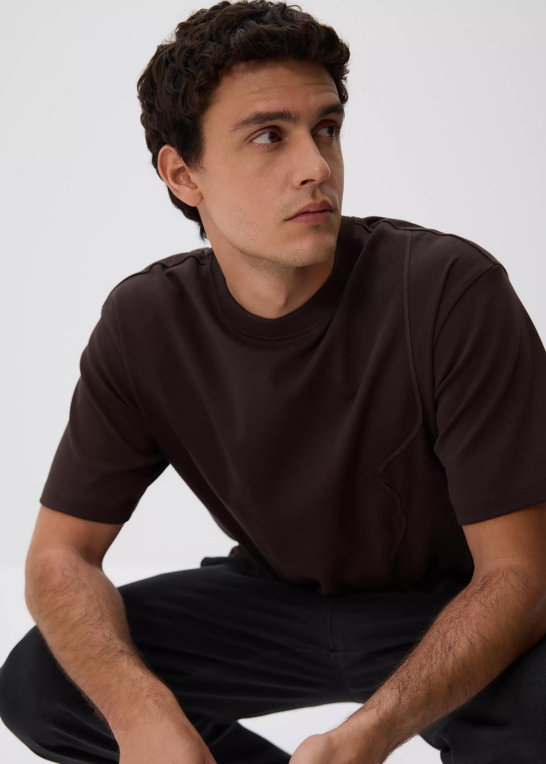 Brown Boxy Cut T-Shirt With Stitching, Brown, large image number 4