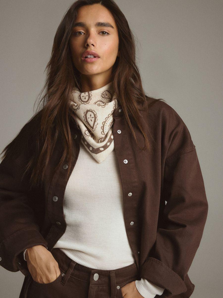 Beige Patterned Scarf With Wool Blend, Beige, medium