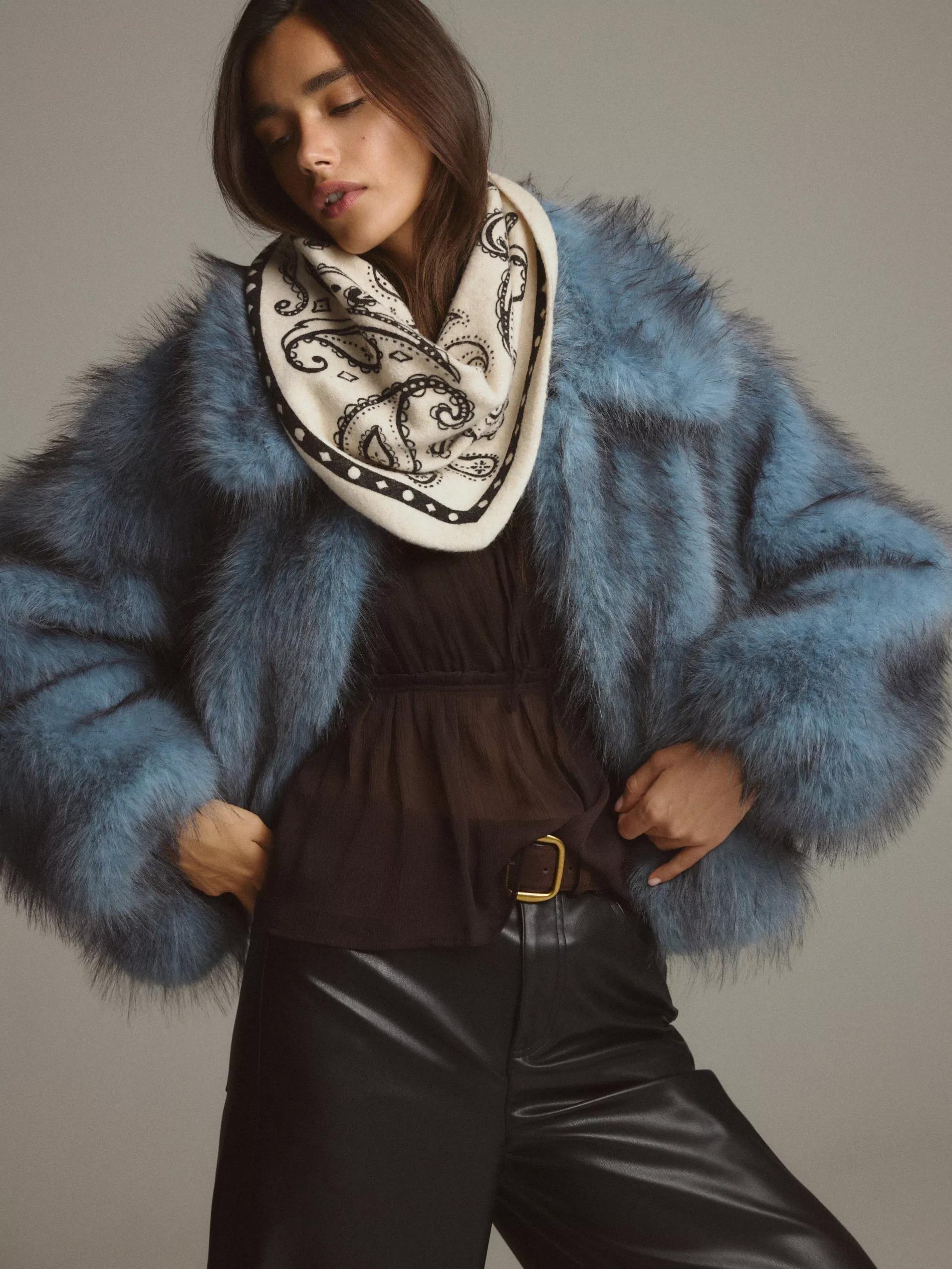 Black Patterned Scarf With Wool Blend, Black, medium