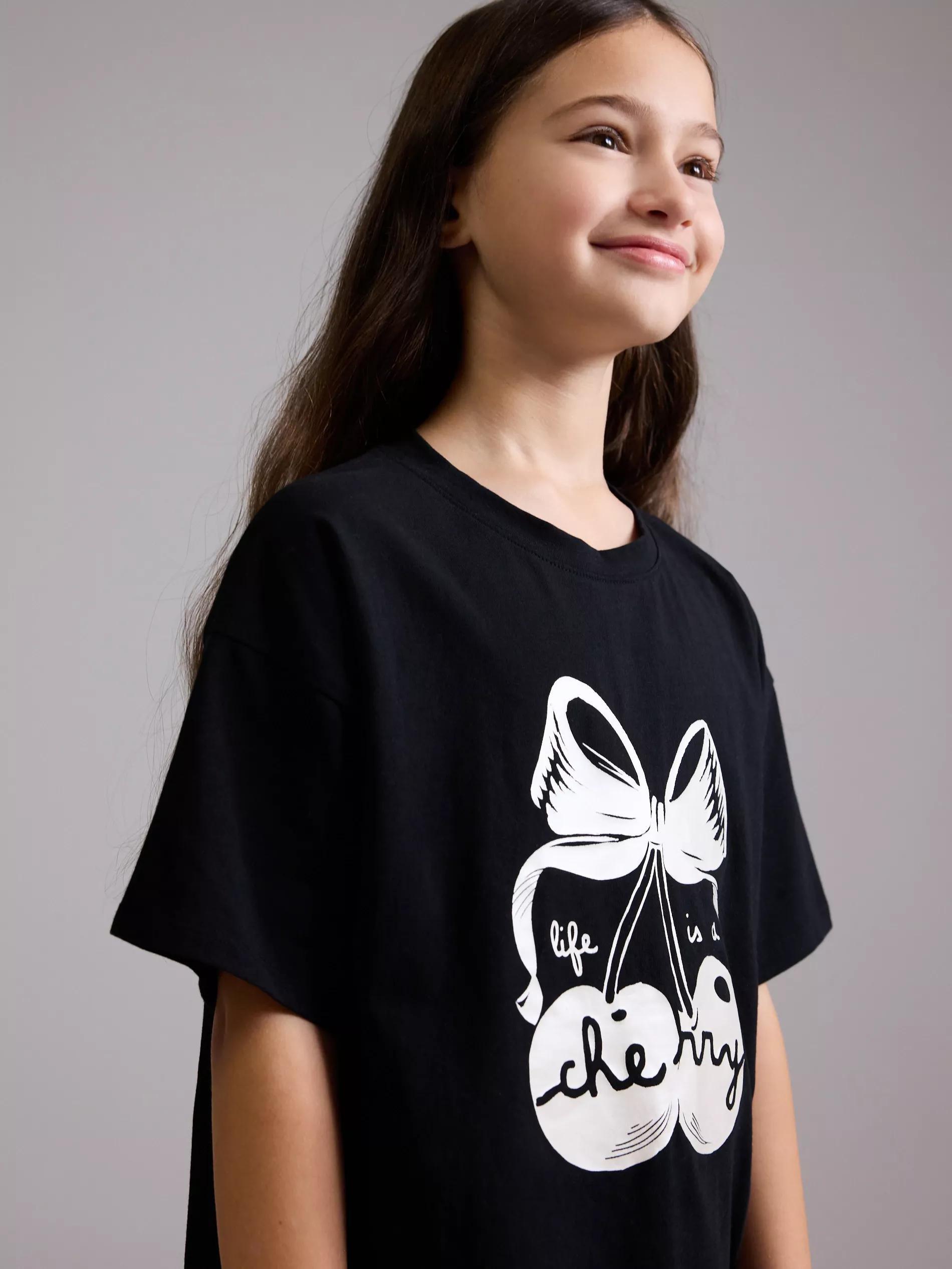 Black Printed T-Shirt Casual, Kids Girls, , large image number 0