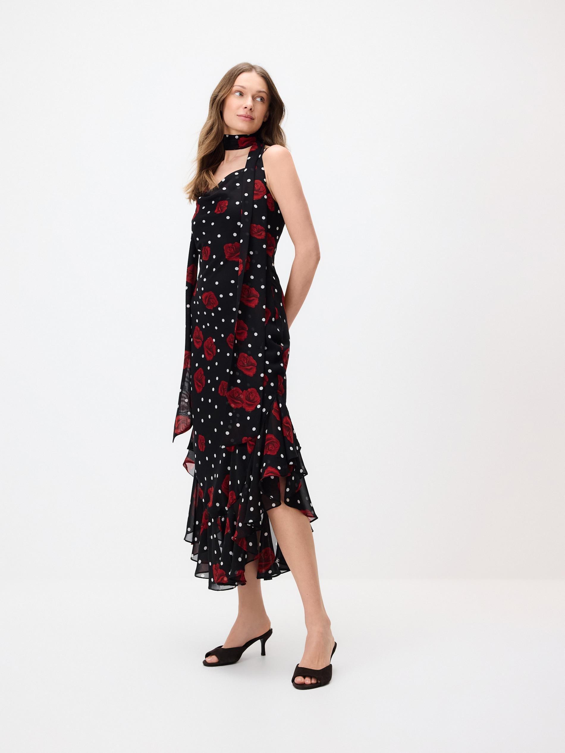 Black Patterned Dress With Shawl, Black, large image number 0