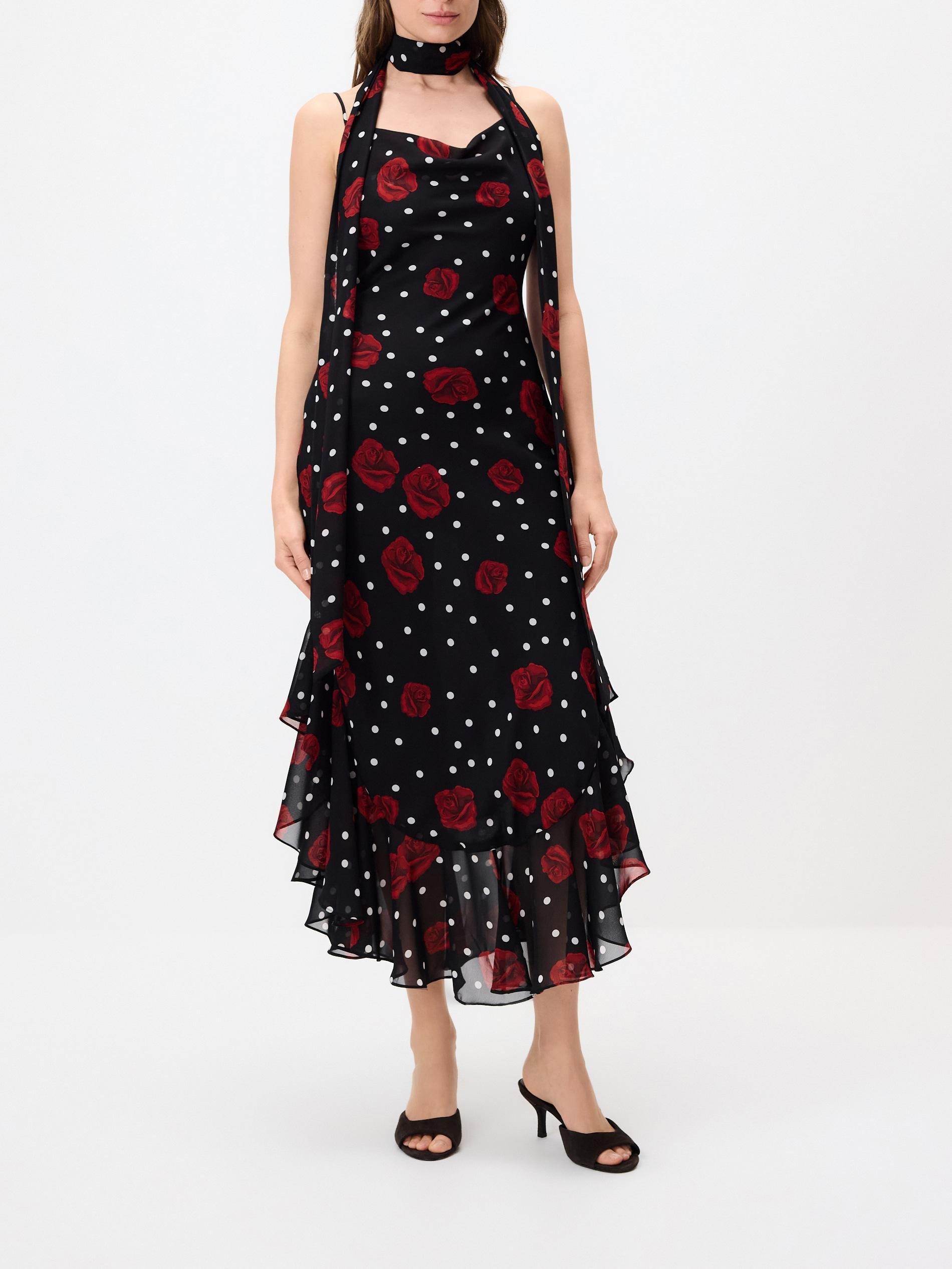 Black Patterned Dress With Shawl, Black, large image number 2