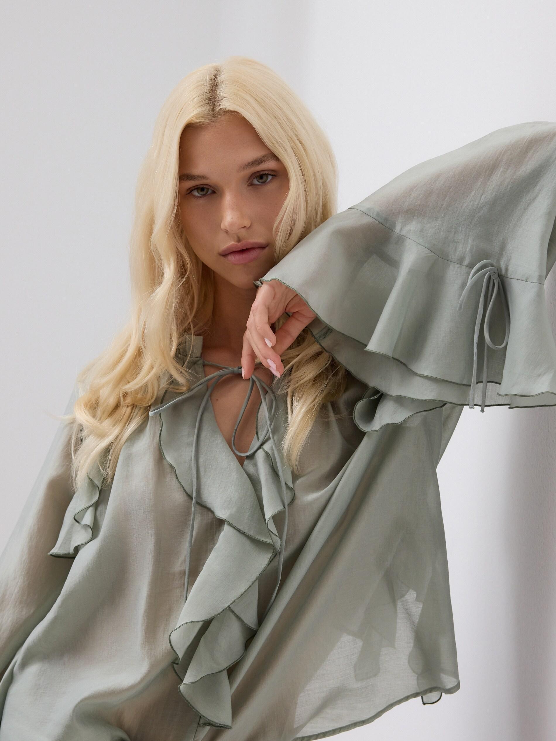 Blue Ruffle Blouse, Turquoise, large image number 0