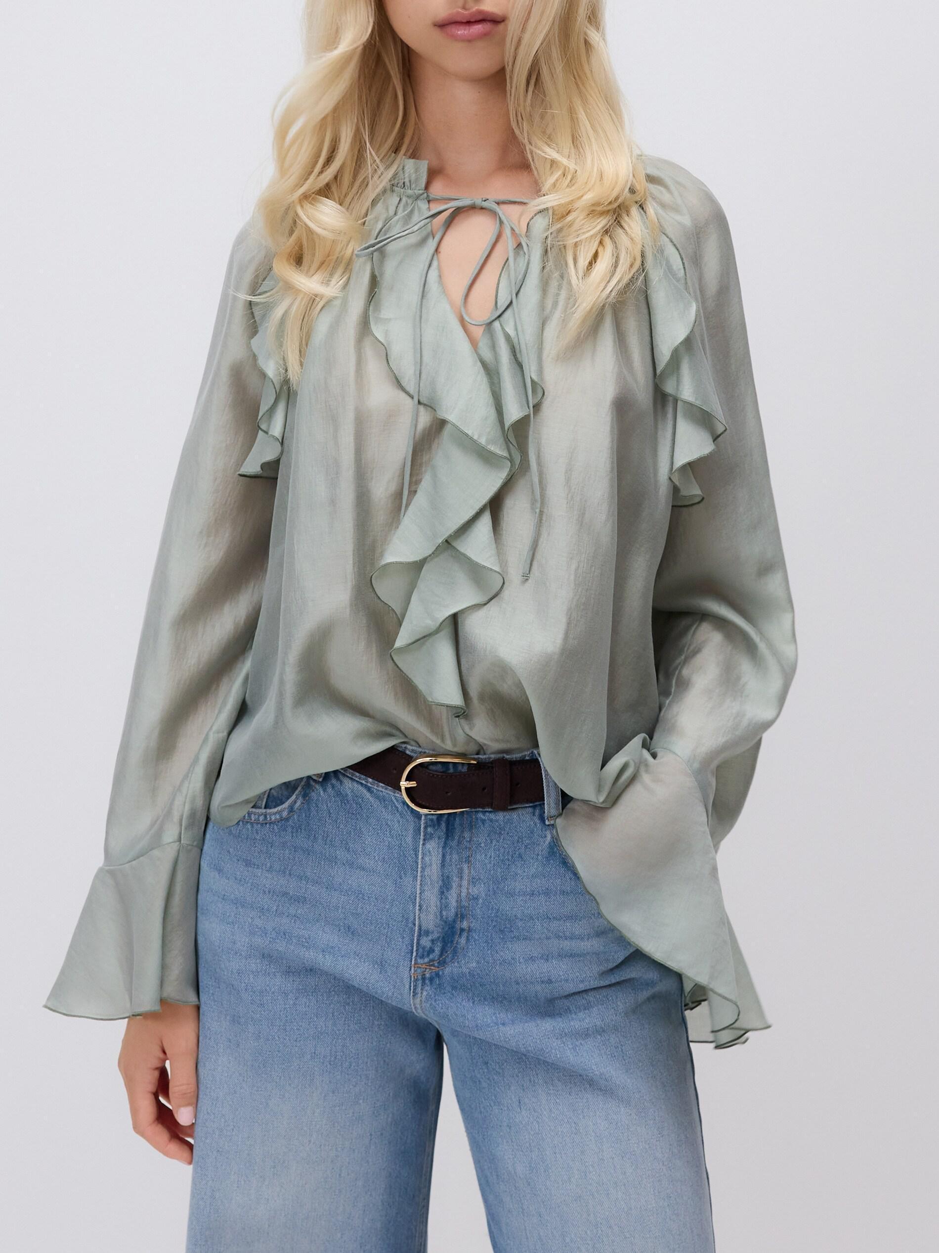 Blue Ruffle Blouse, Turquoise, large image number 1