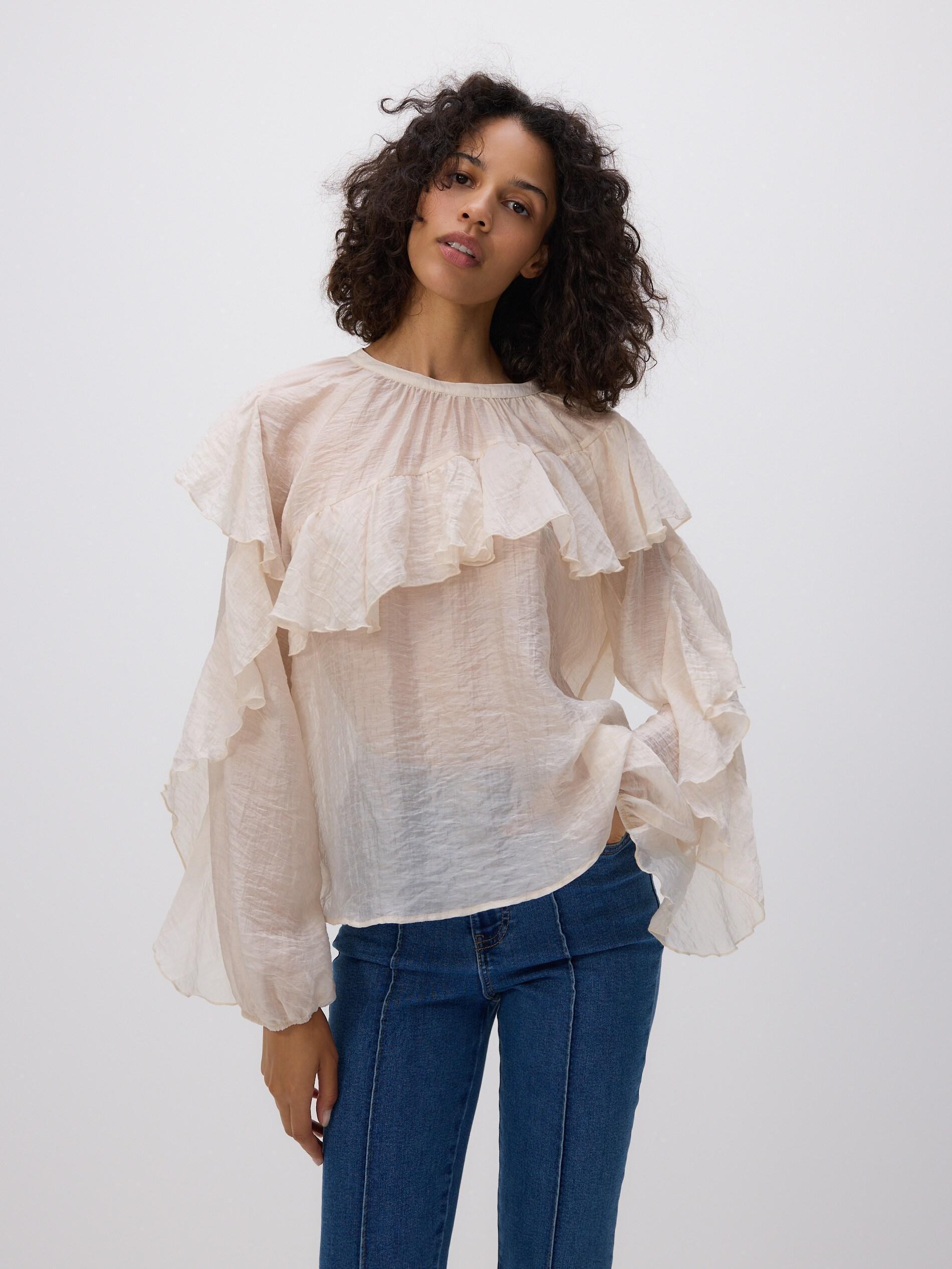 White Ruffle Blouse, Ivory, medium