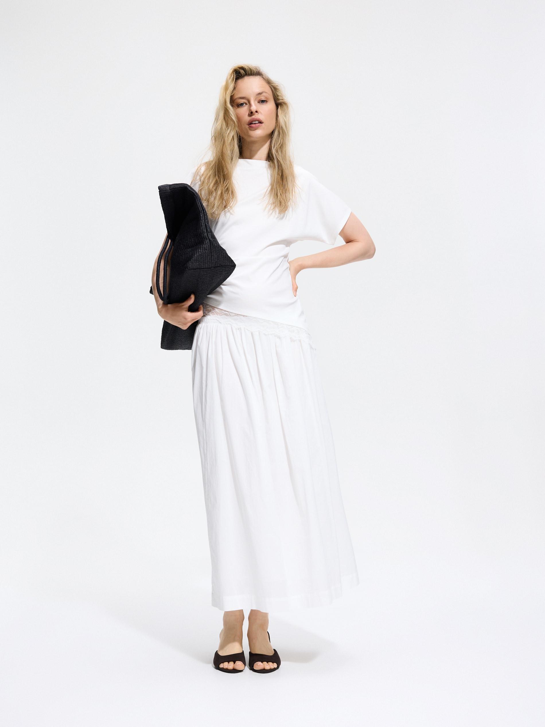 White Cotton Midi Skirt, White, large image number 0