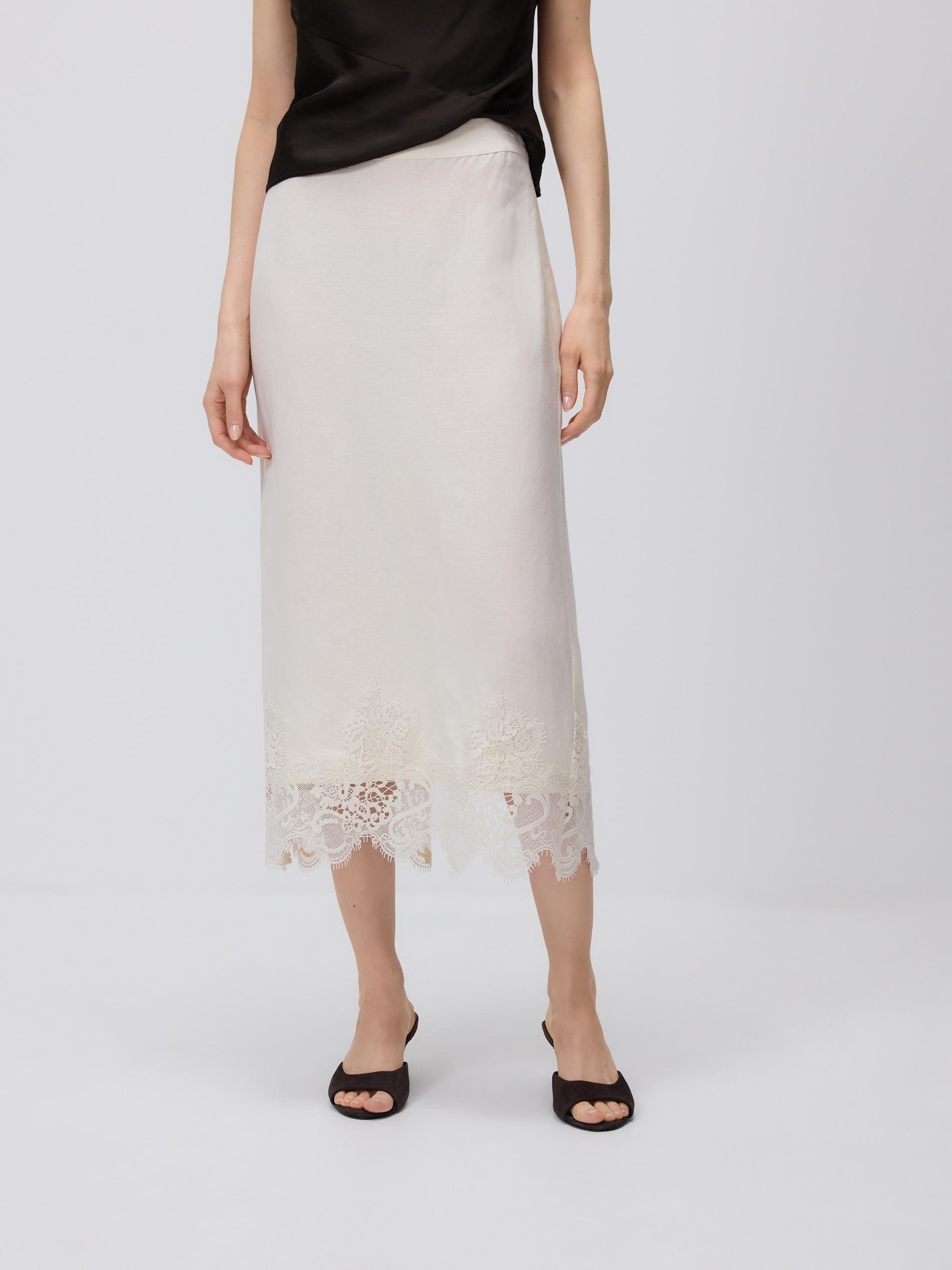 Cream Linen Blend Midi Skirt, Ivory, large image number 0