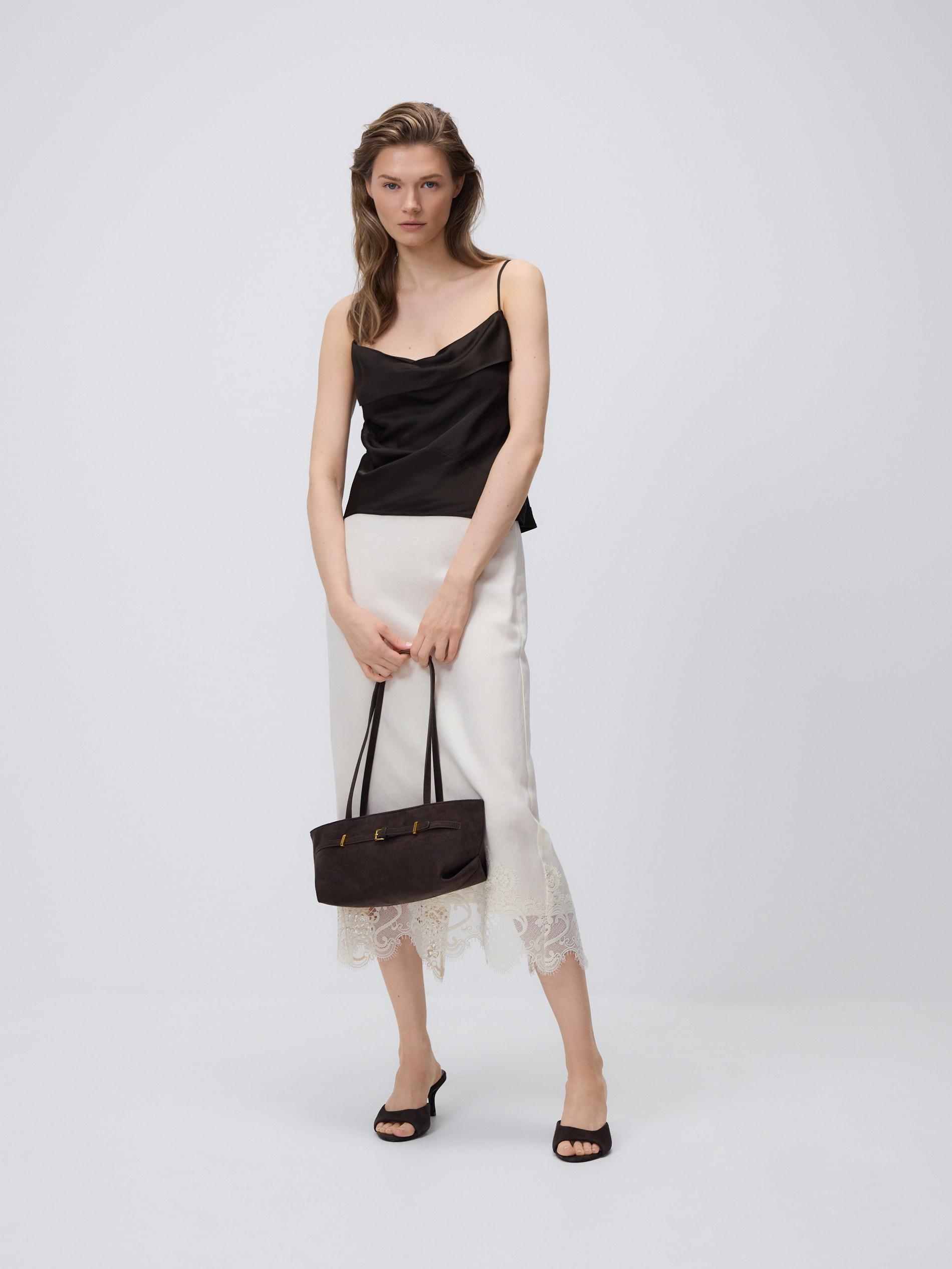 Cream Linen Blend Midi Skirt, Ivory, large image number 1