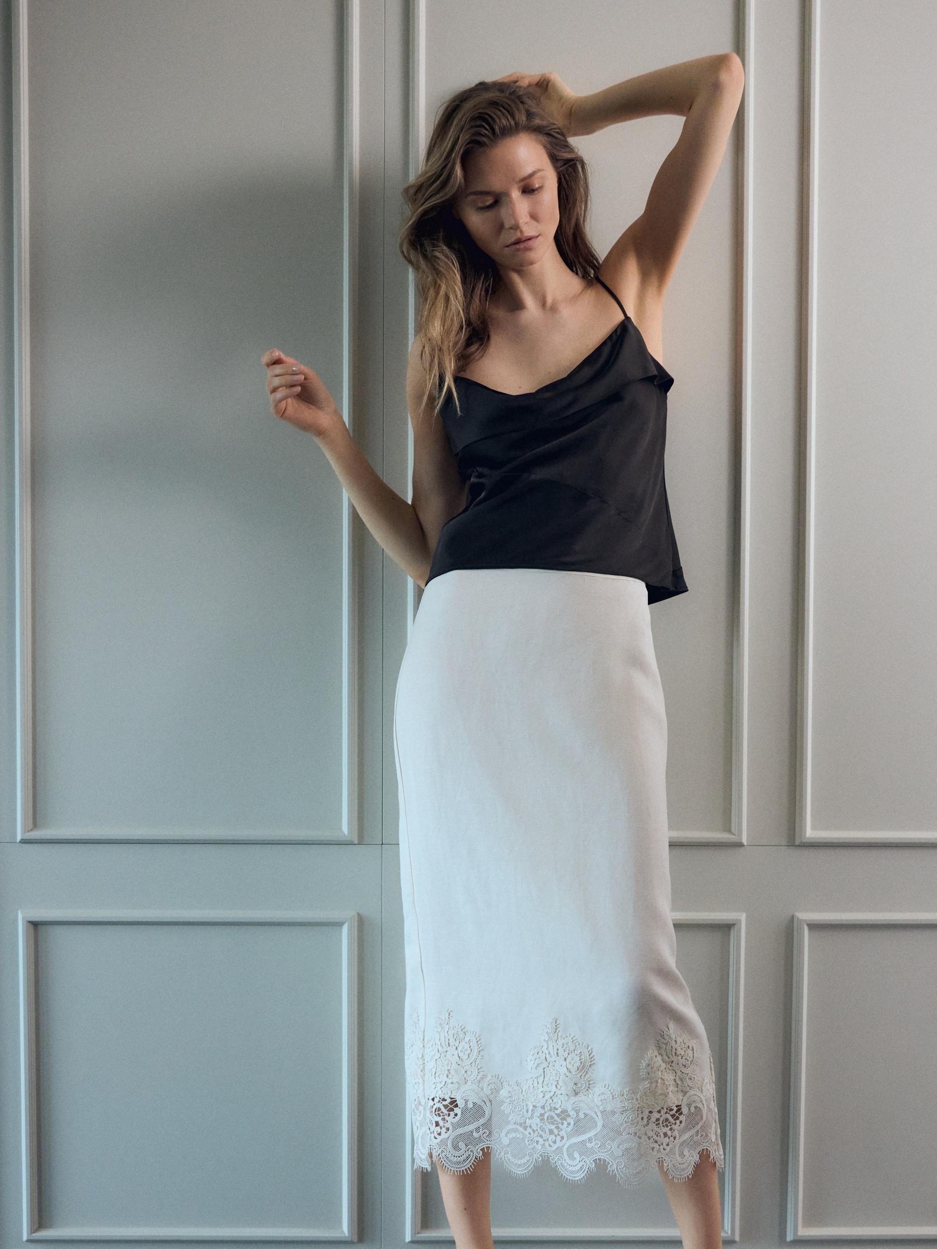 Cream Linen Blend Midi Skirt, Ivory, large image number 3