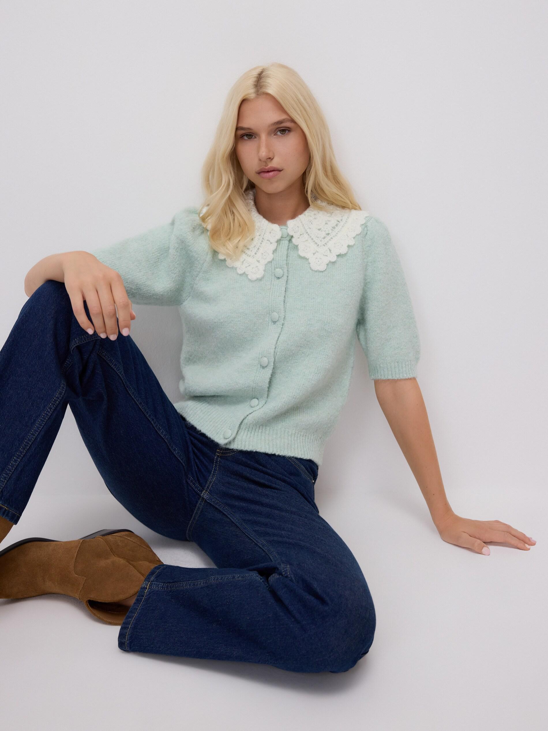 Green Cardigan With Decorative Collar, Green, large image number 2