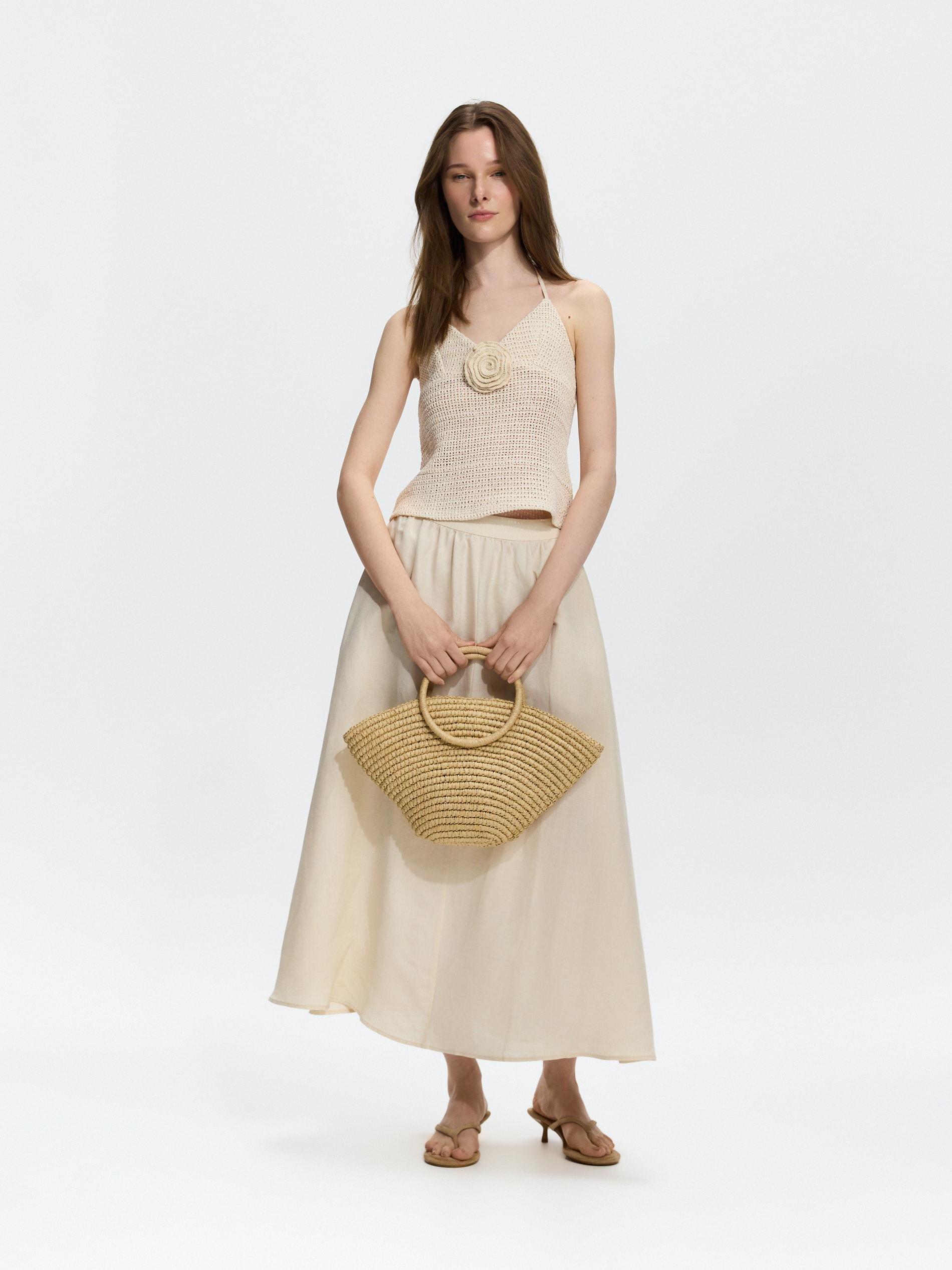 Beige Linen Blend Midi Skirt, Beige, large image number 0