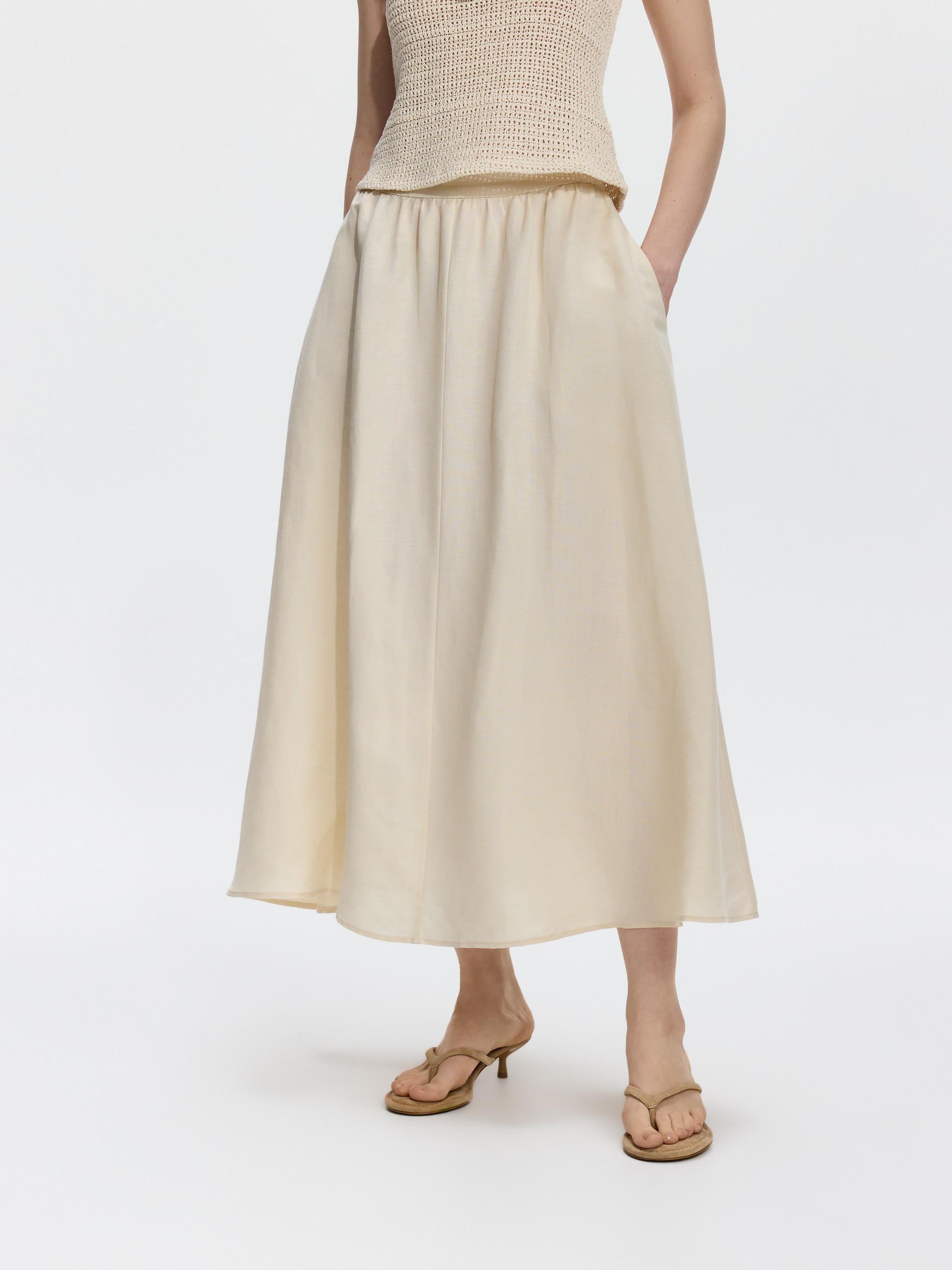 Beige Linen Blend Midi Skirt, Beige, large image number 1