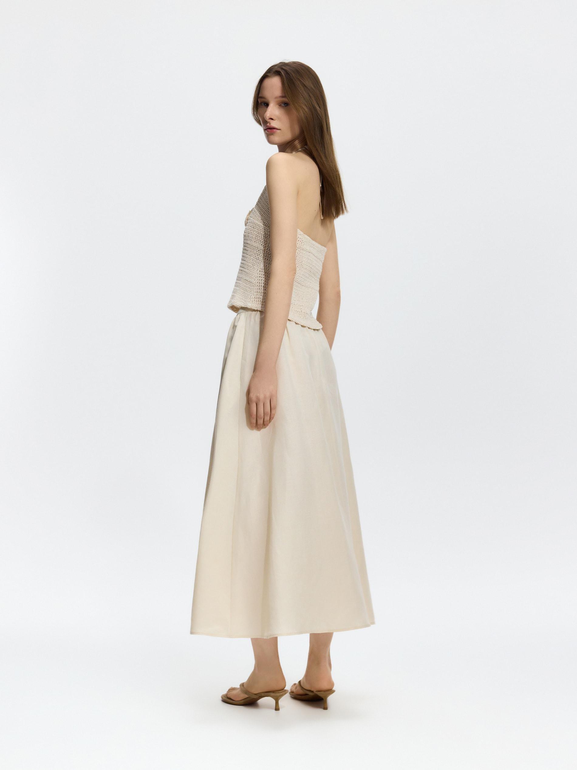 Beige Linen Blend Midi Skirt, Beige, medium