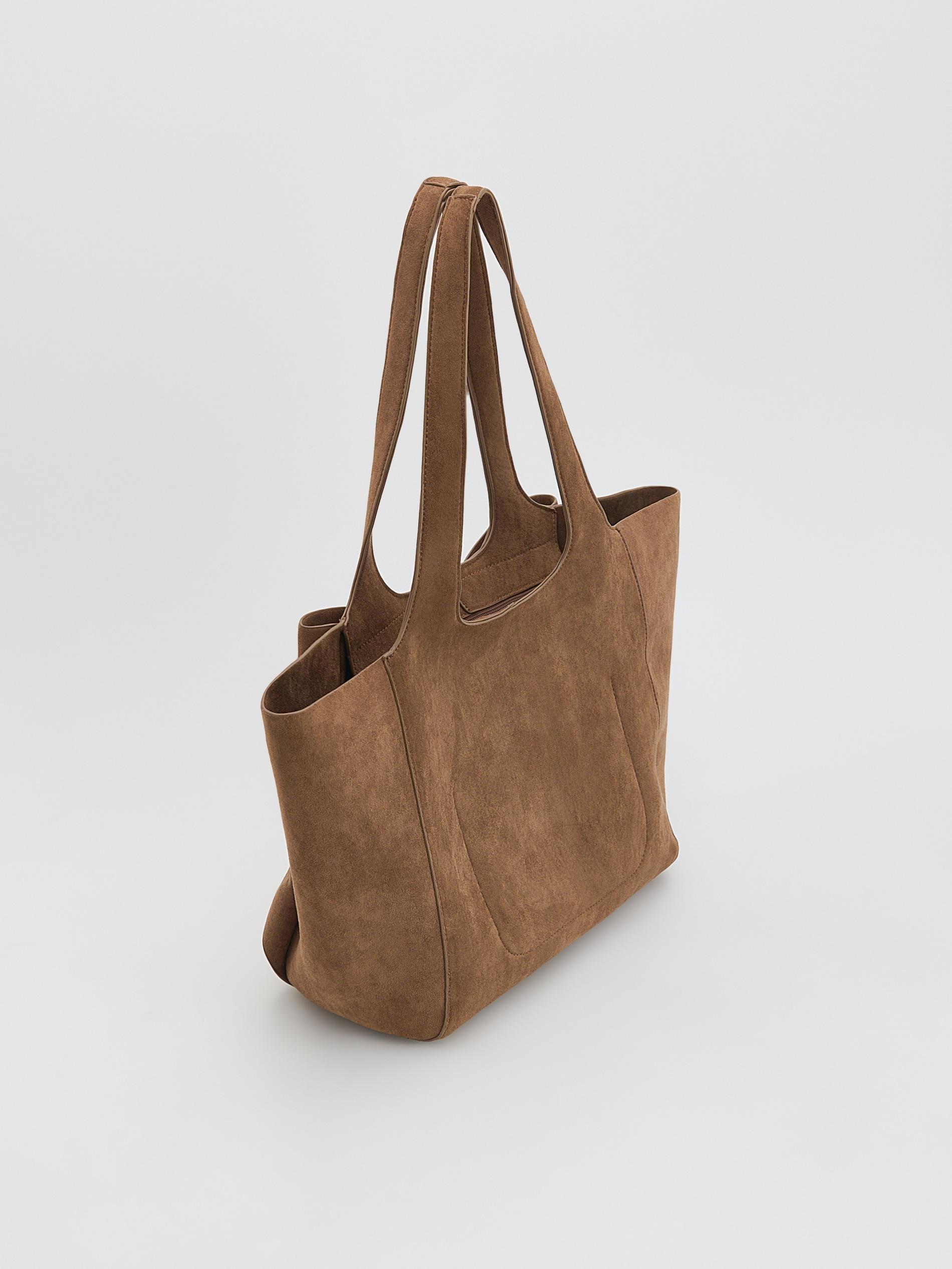Beige Faux Suede Shopper Bag, Beige, large image number 2