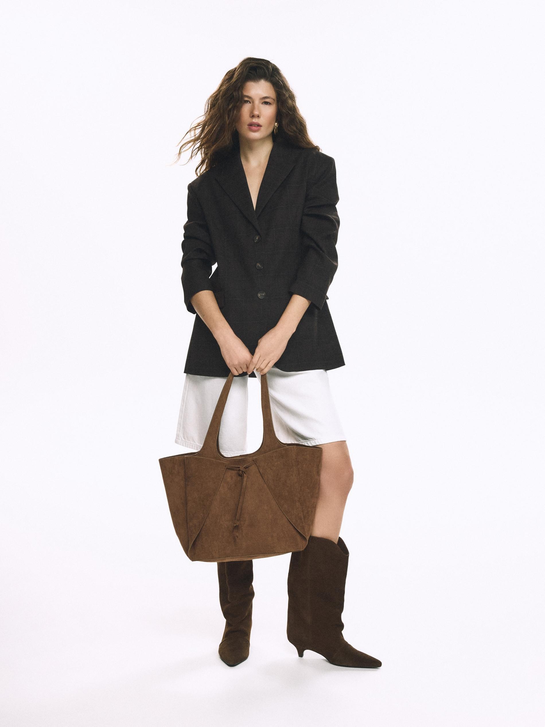 Beige Faux Suede Shopper Bag, Beige, large image number 4