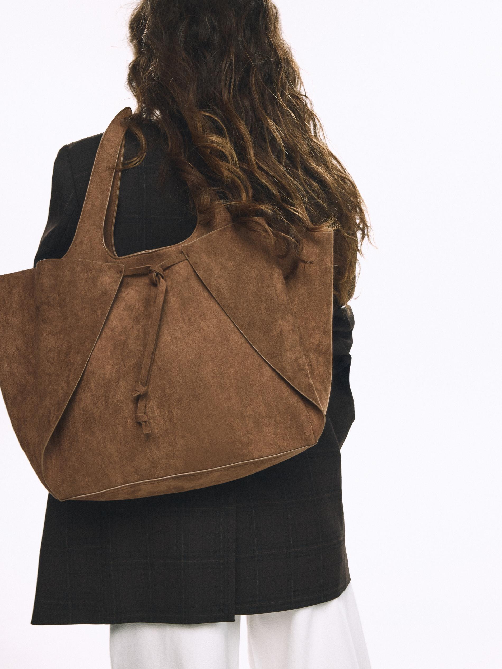 Beige Faux Suede Shopper Bag, Beige, large image number 5