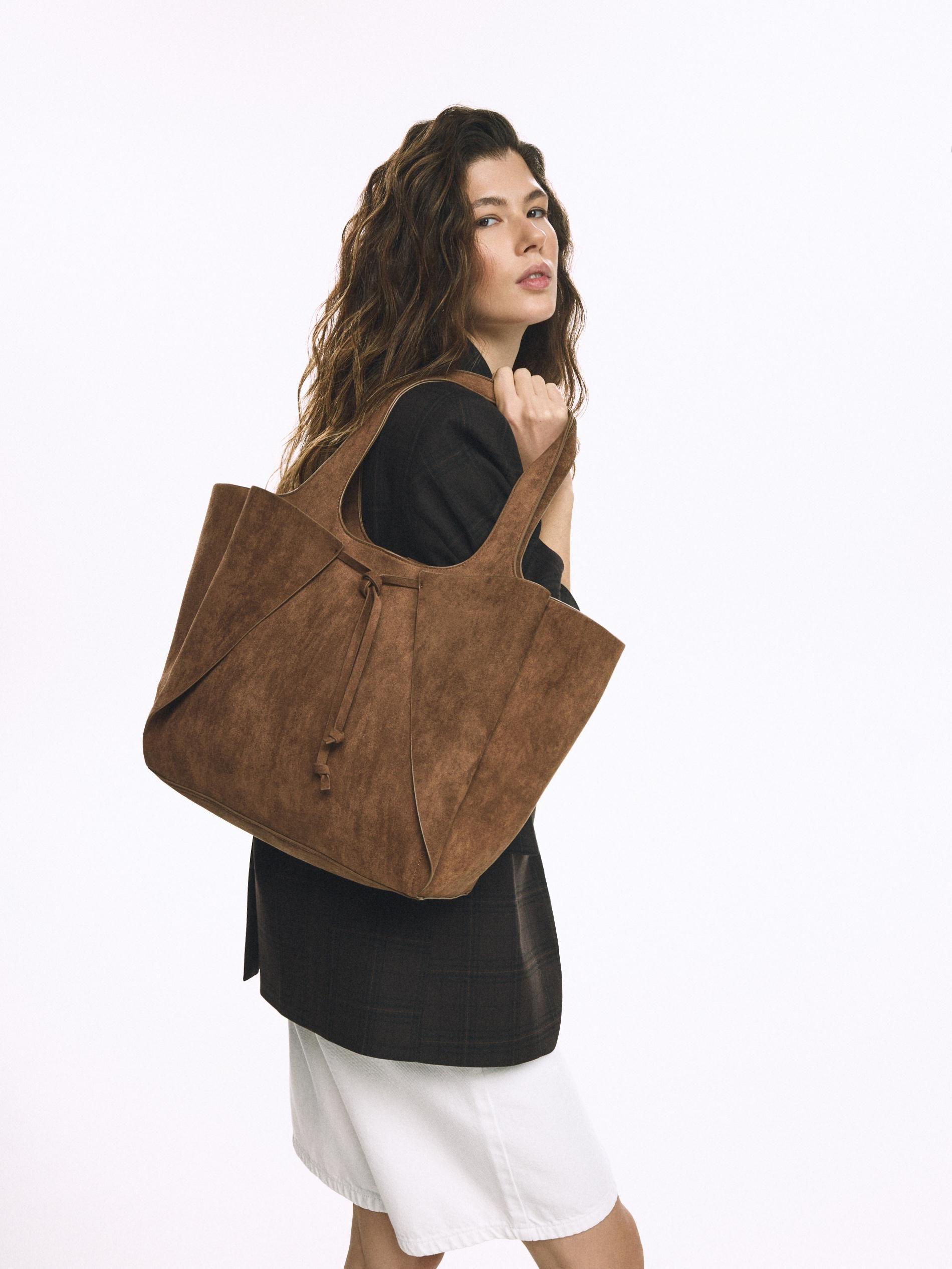 Beige Faux Suede Shopper Bag, Beige, large image number 6