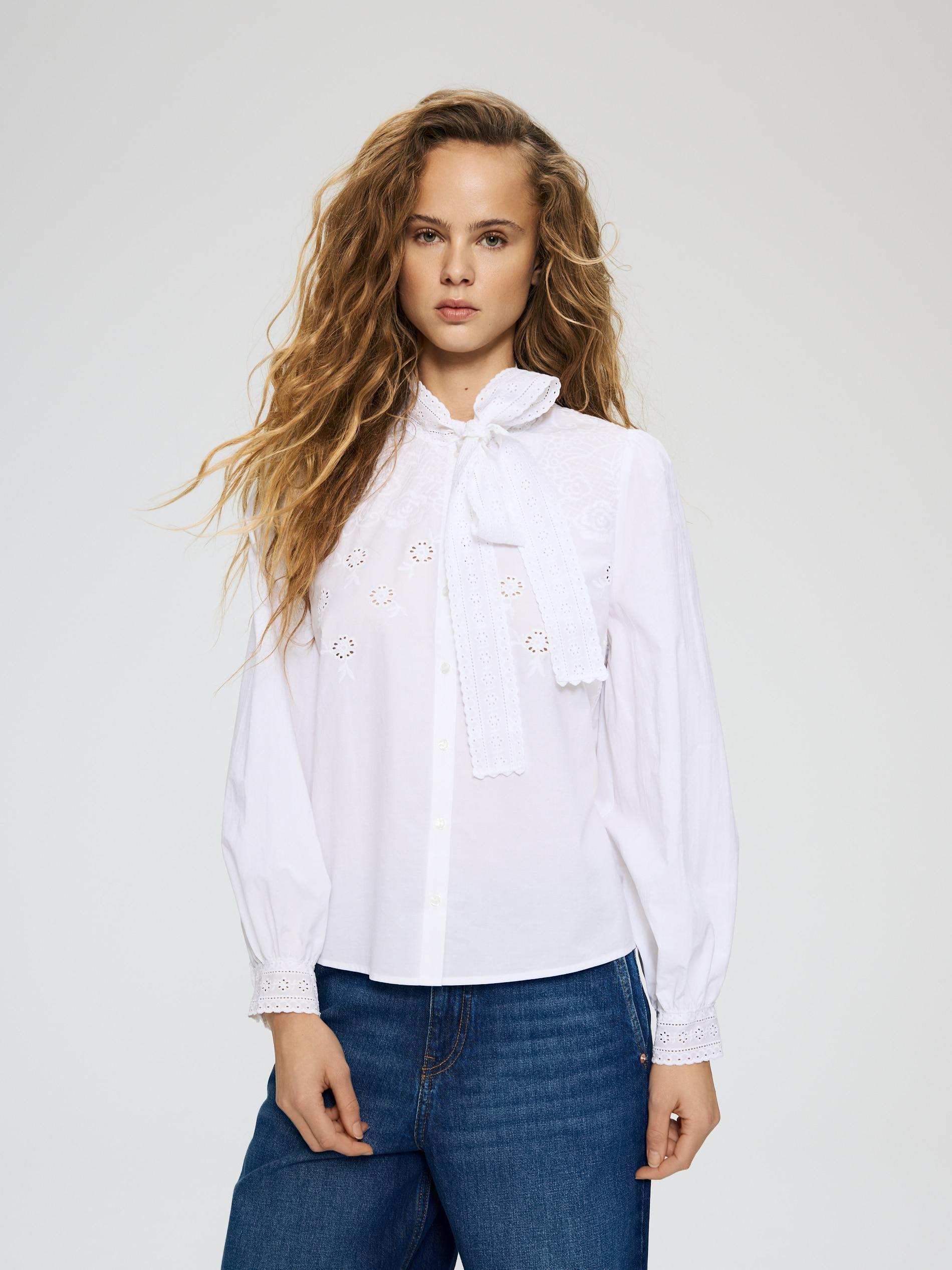 White Cotton Blouse With Tie Detail, White, large image number 0