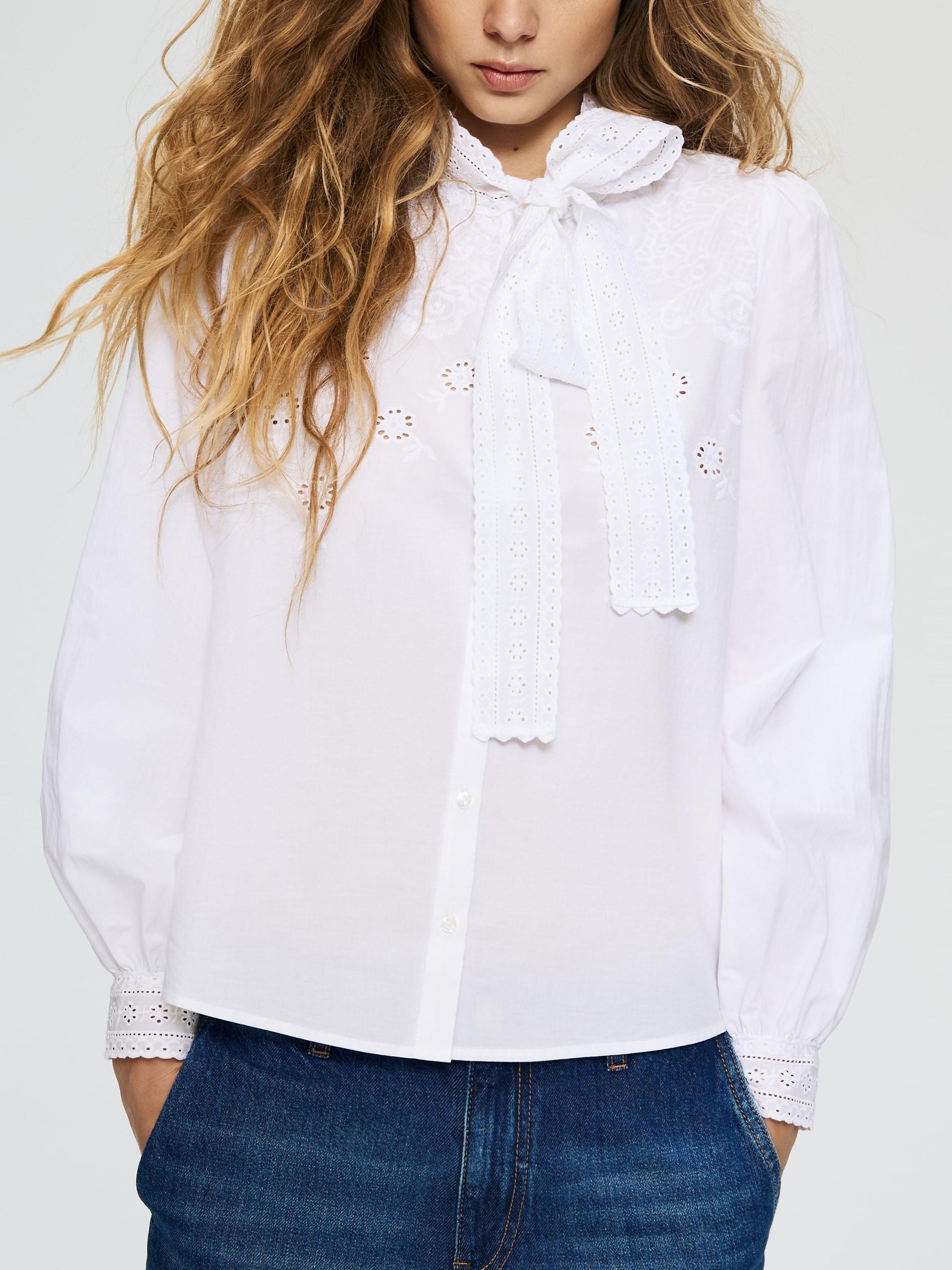 White Cotton Blouse With Tie Detail, White, large image number 3
