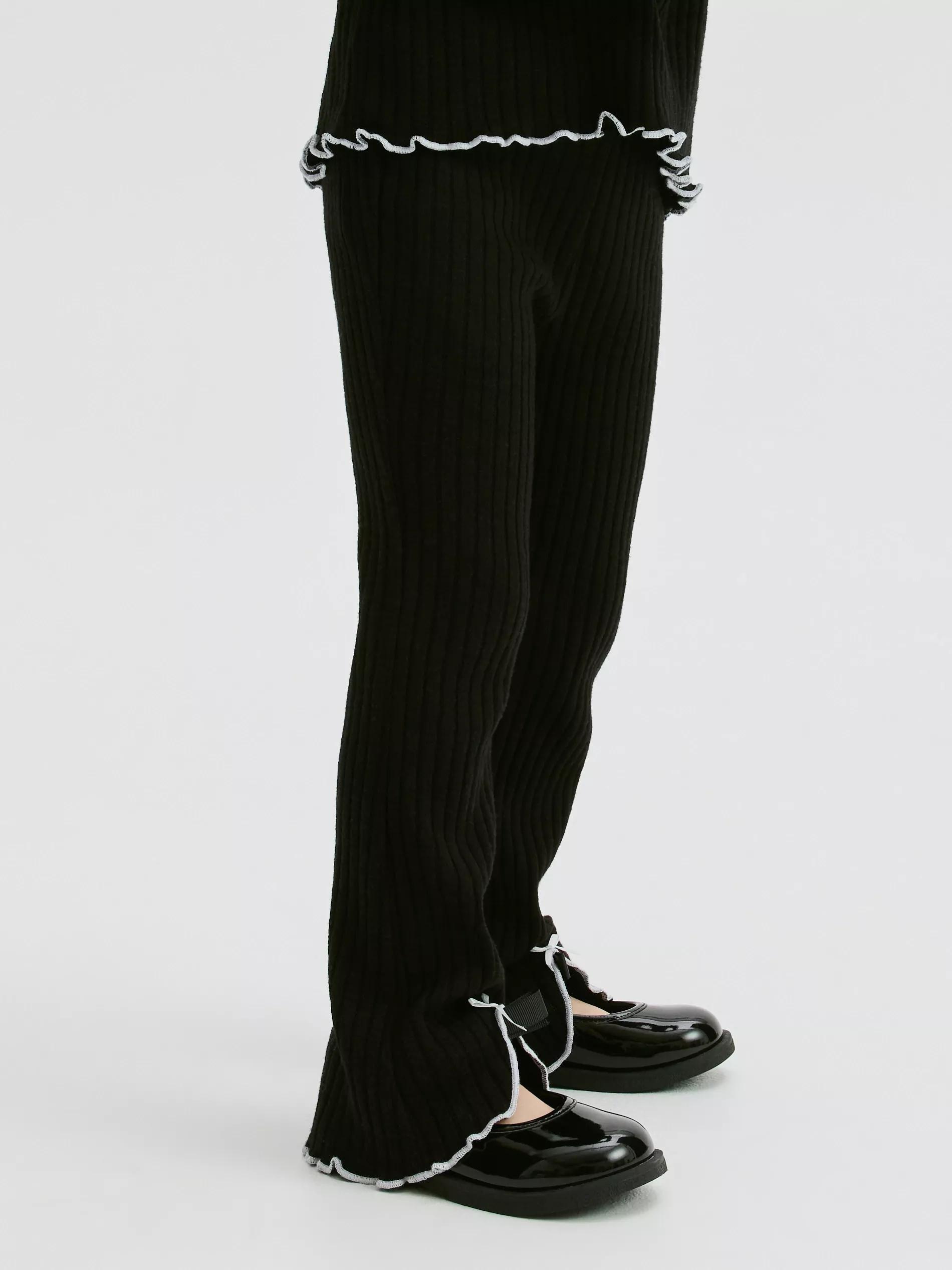 Black Ribbed Knit Trousers With Slits, , large image number 0