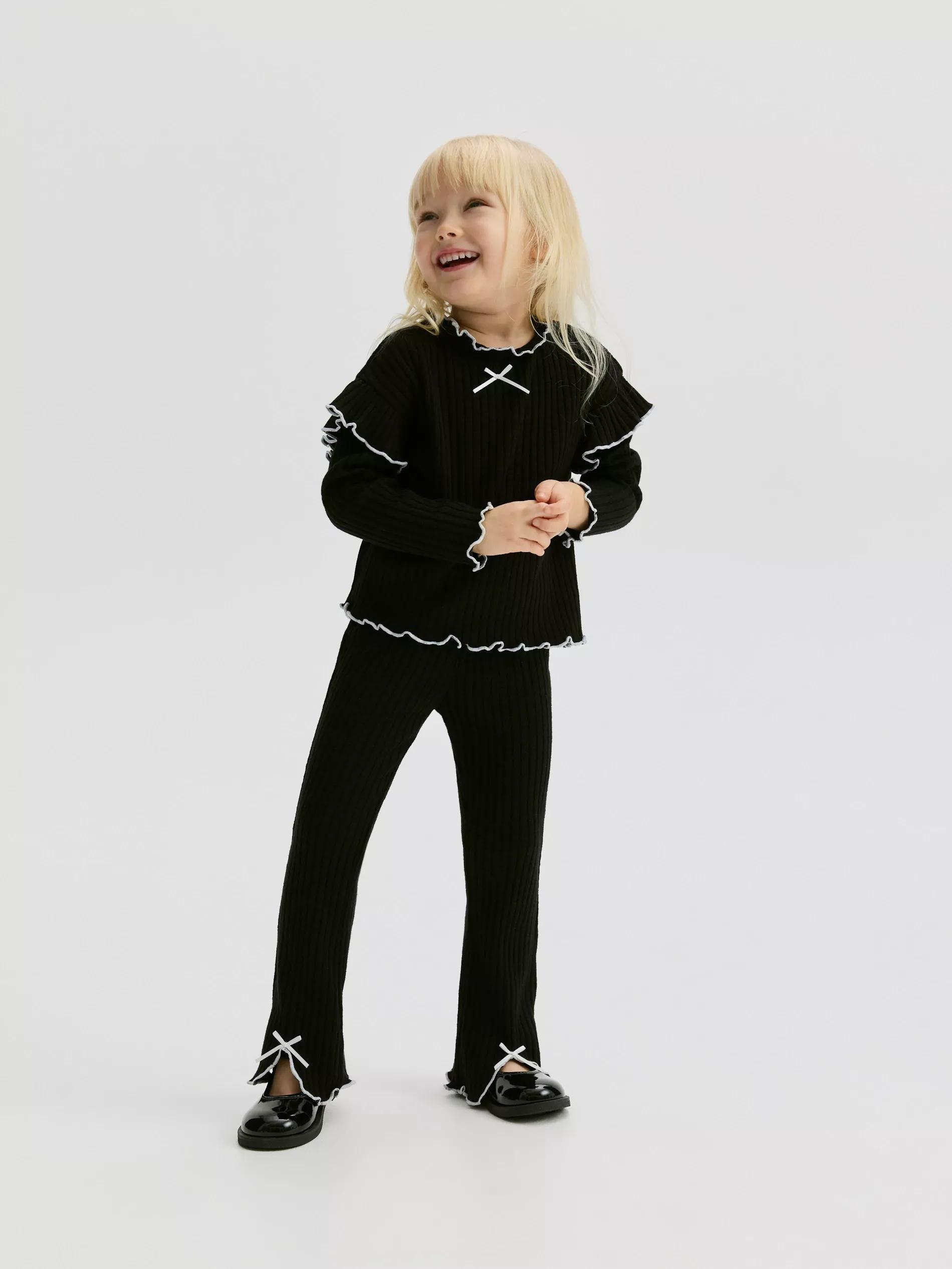 Black Ribbed Knit Trousers With Slits, , large image number 2