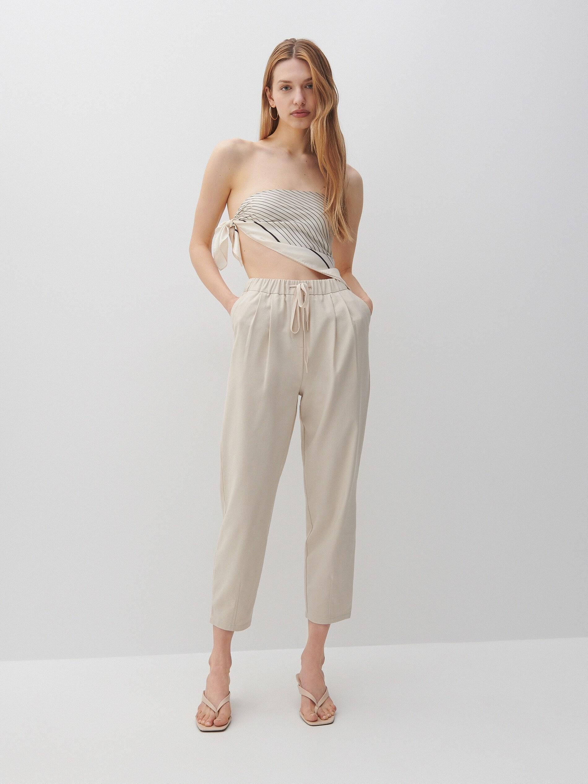 Cream Paperbag Trousers, , large image number 0