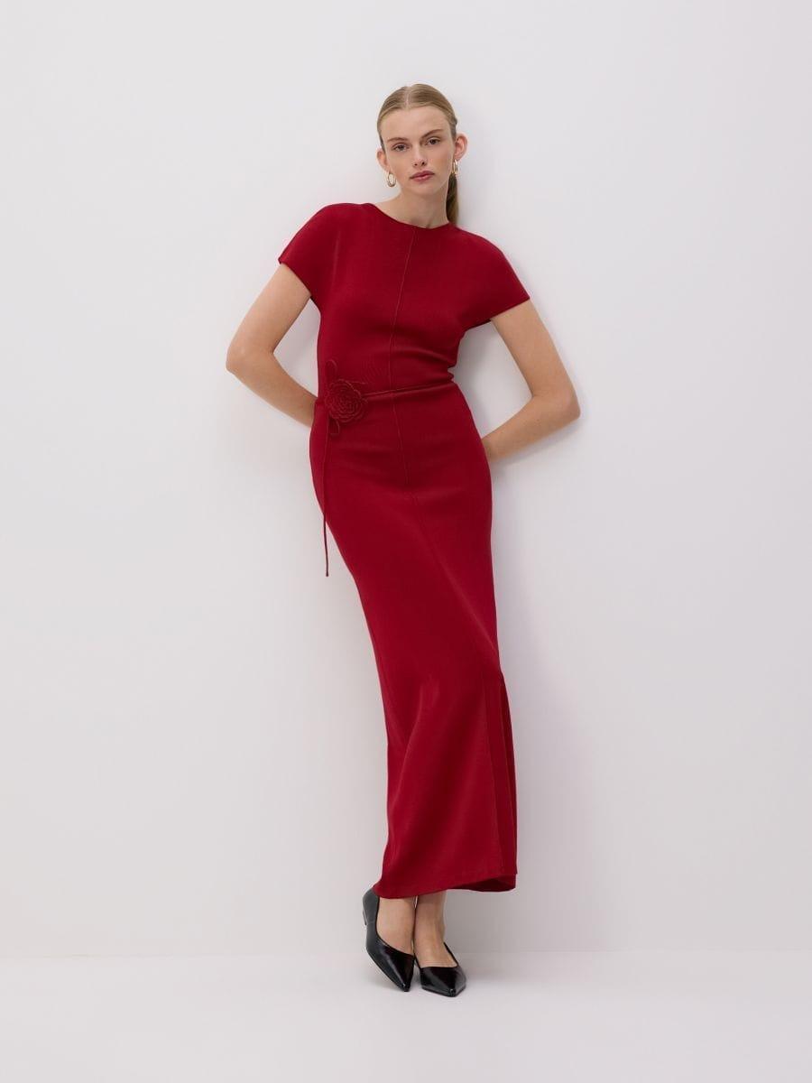 Red Maxi Dress With Decorative Belt, Red, medium