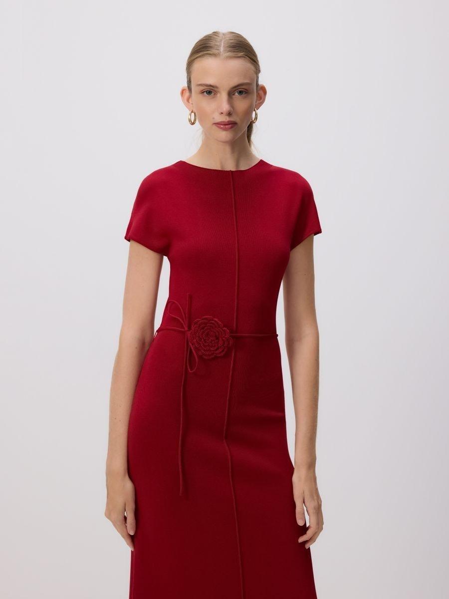 Red Maxi Dress With Decorative Belt, Red, medium