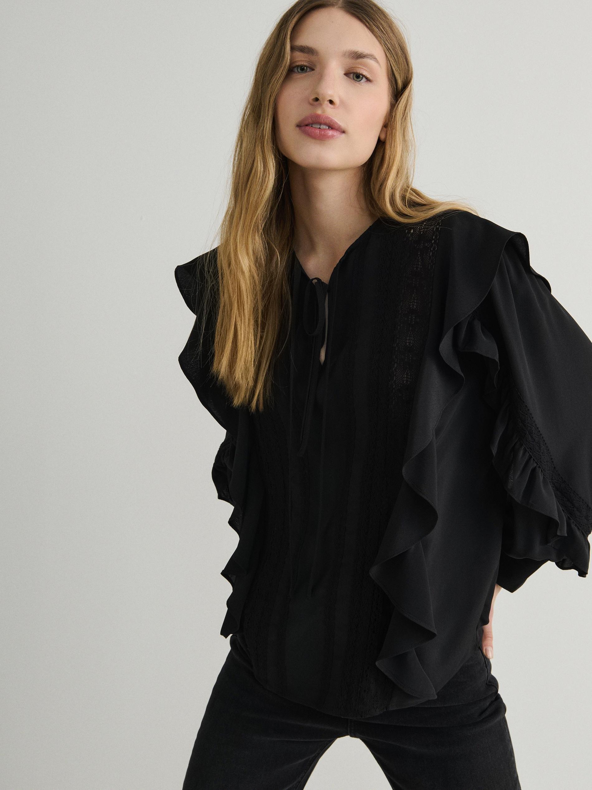 black Ruffle blouse, Black, large image number 1