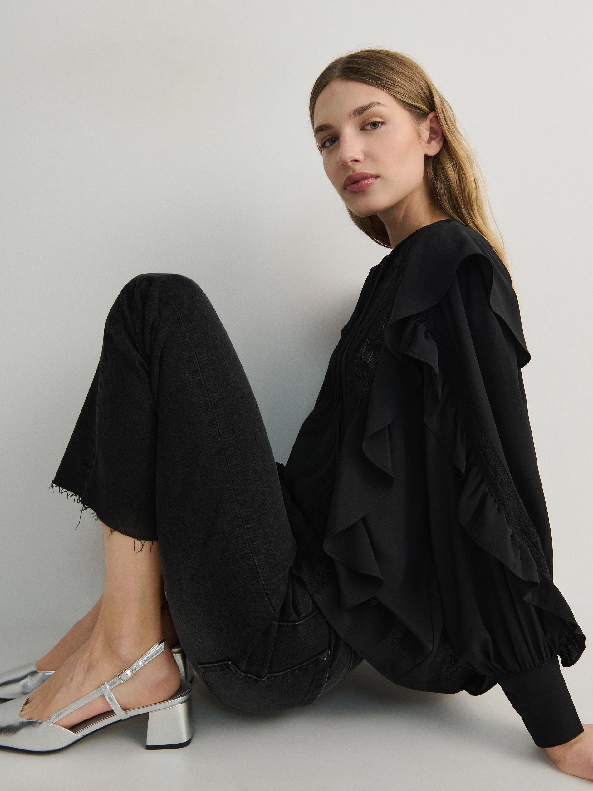 black Ruffle blouse, Black, large image number 3