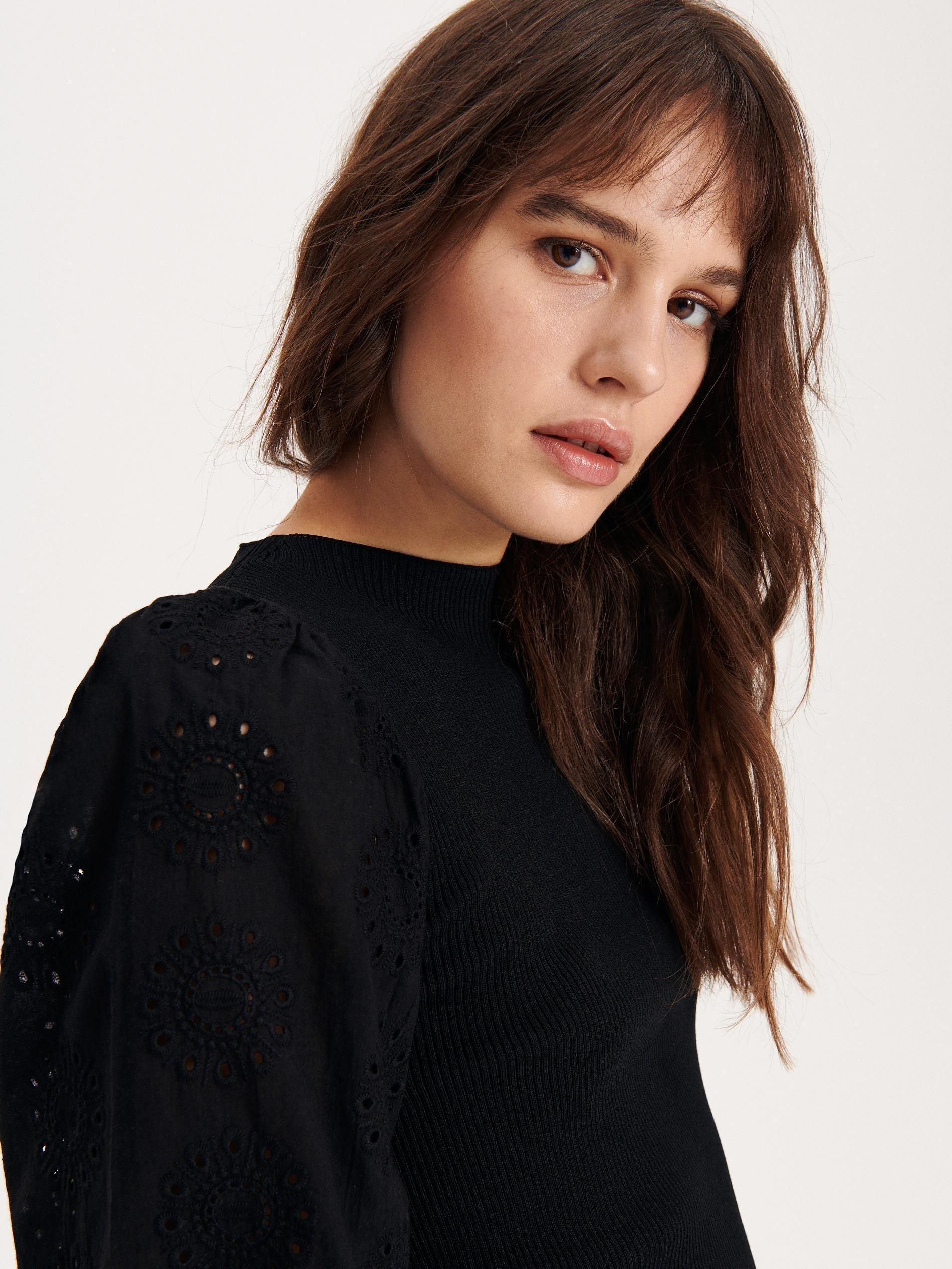 Black Broderie Anglaise Sleeves Blouse, , large image number 0