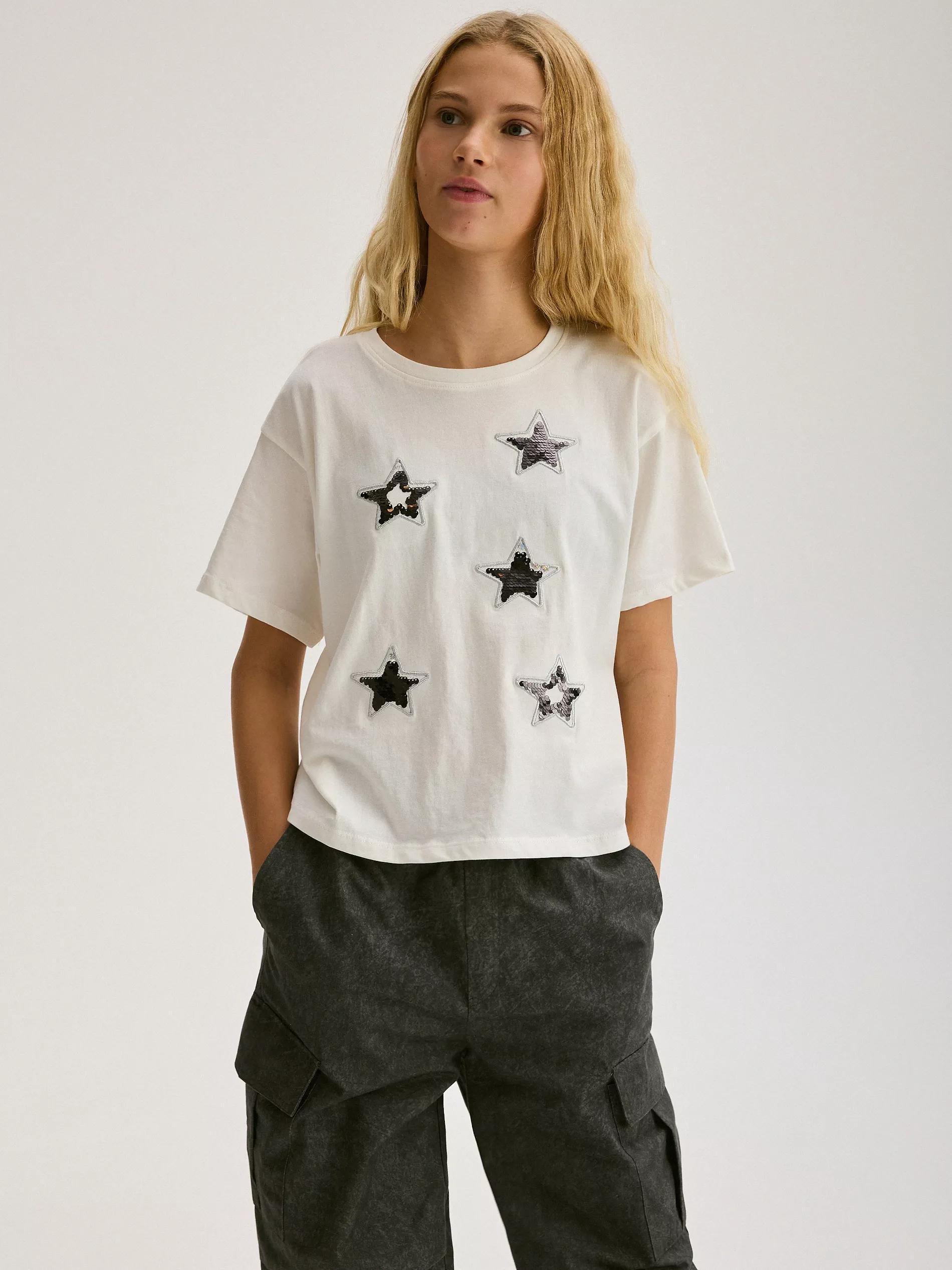 Cream T-Shirt With Applique, , large image number 1