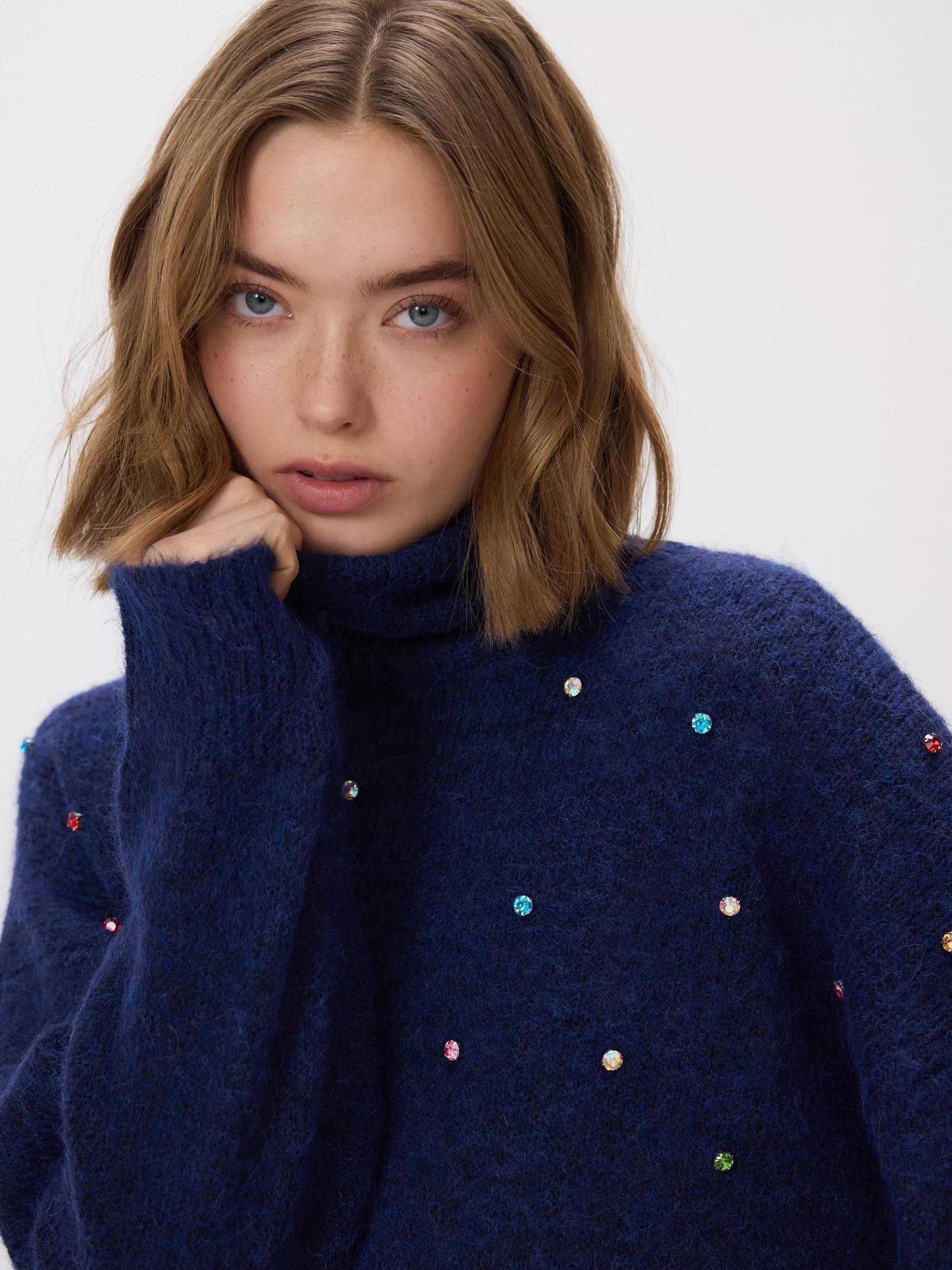 Navy Sweater With Shiny Applique, Navy, large image number 0