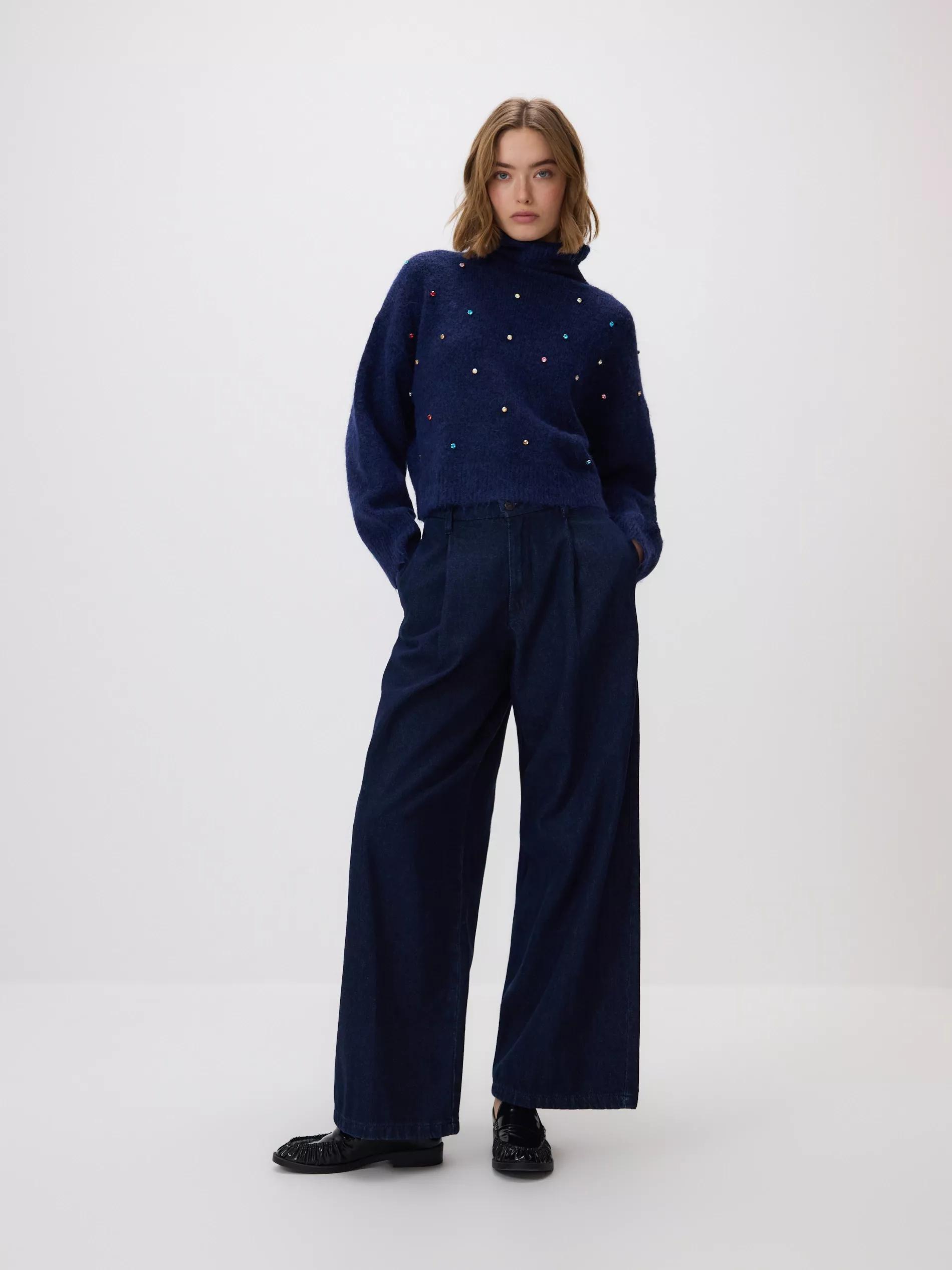 Navy Sweater With Shiny Applique, Navy, large image number 1