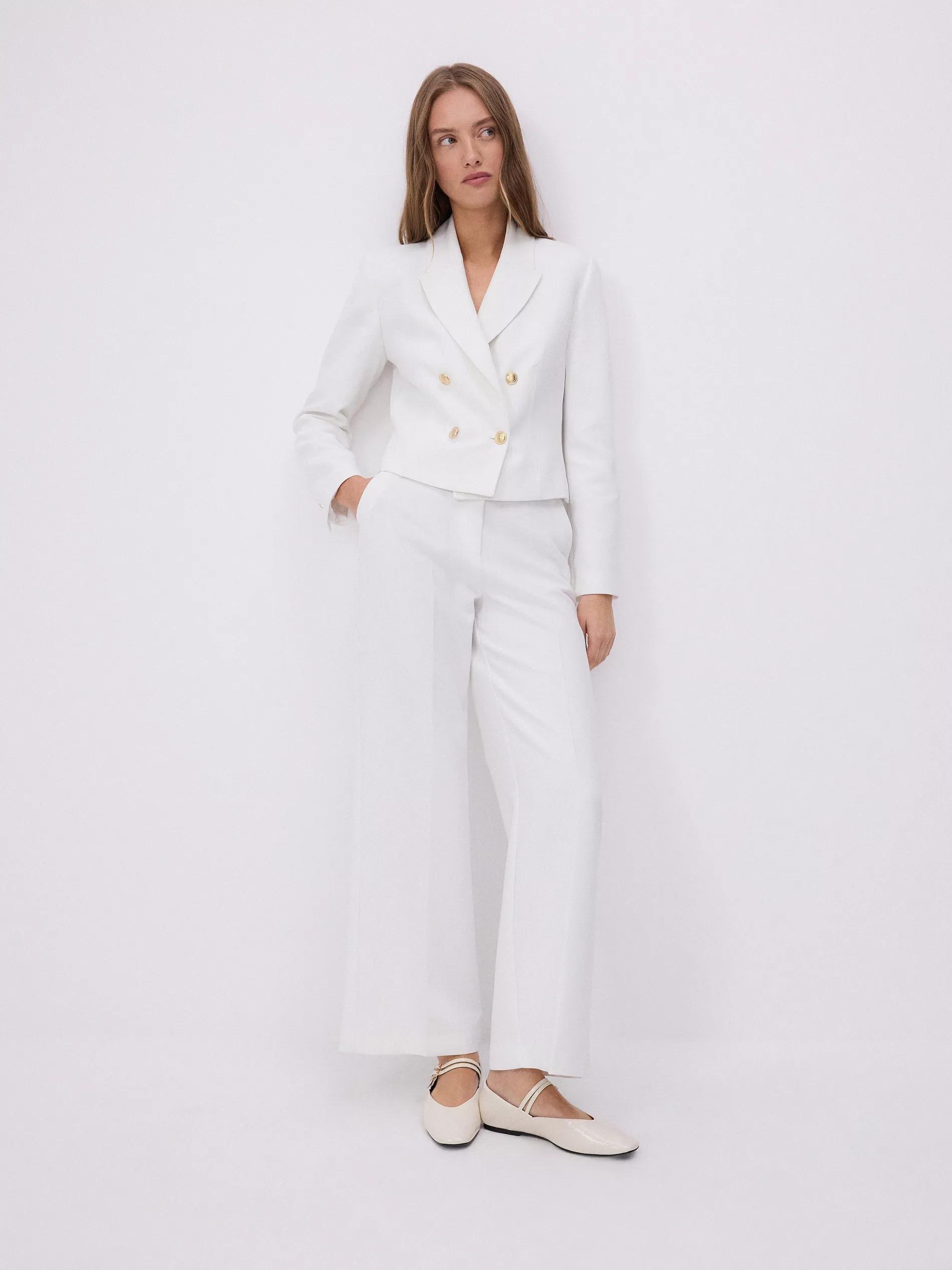 Cream Plain Double Breasted Blazer, , large image number 1
