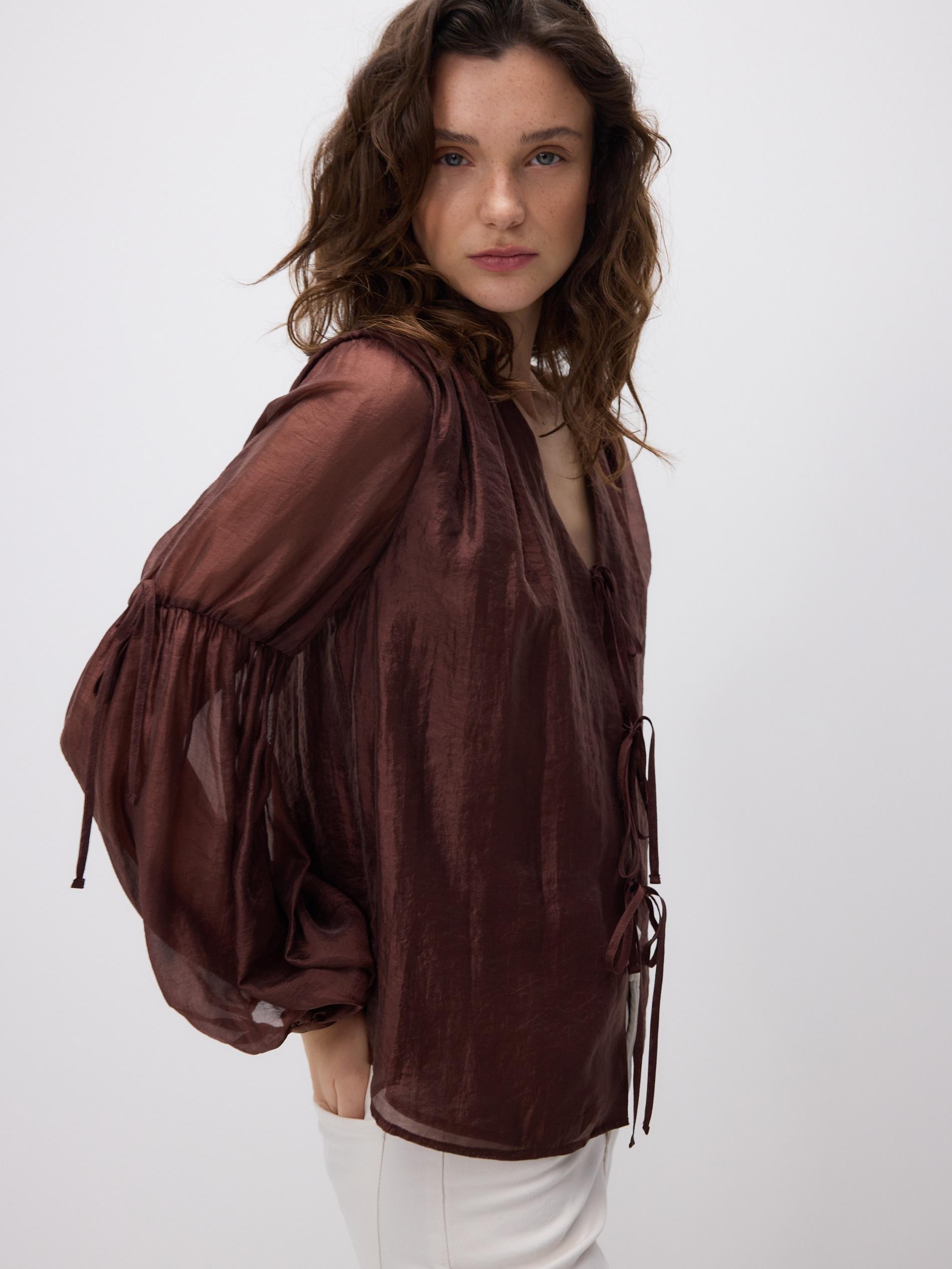 Brown Blouse With Decorative Tie Detail, Brown, large image number 0