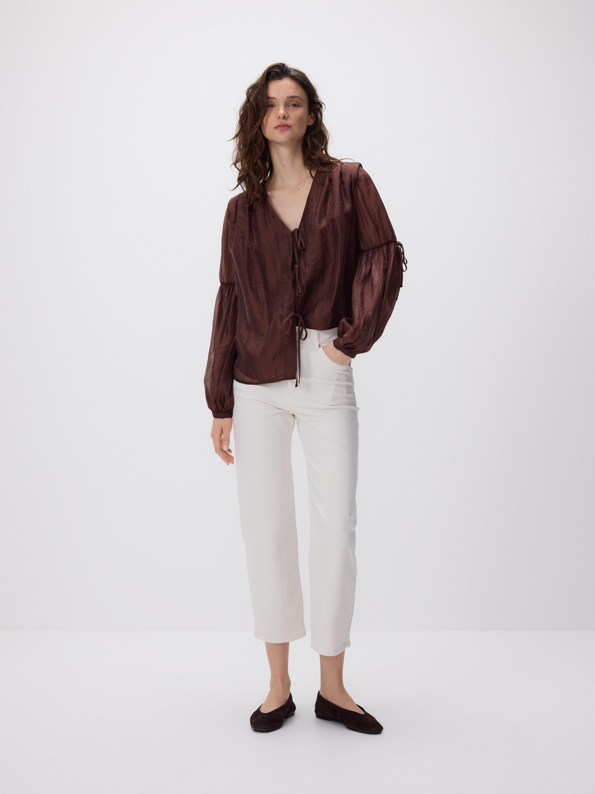 Brown Blouse With Decorative Tie Detail, Brown, large image number 2