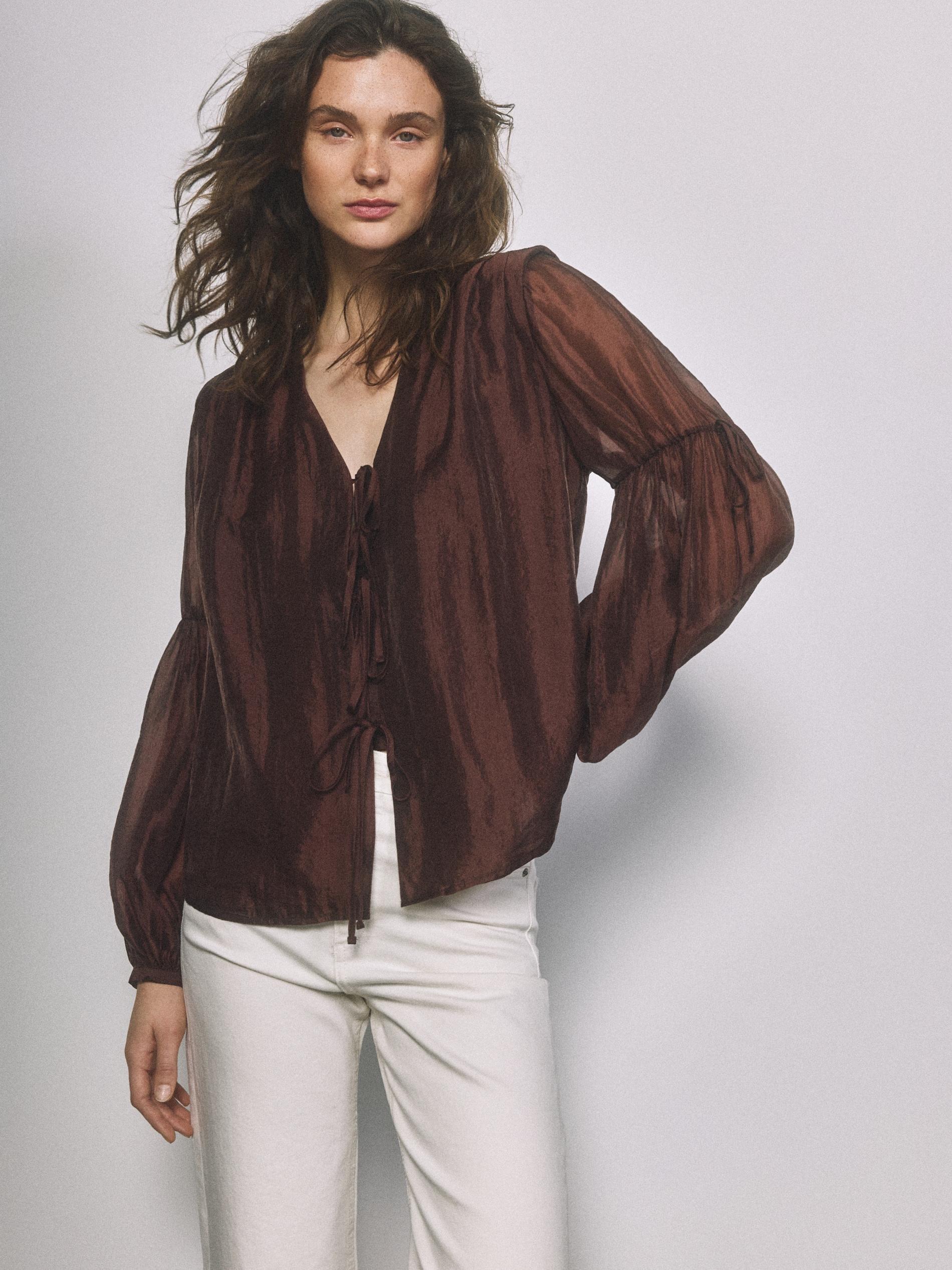 Brown Blouse With Decorative Tie Detail, Brown, large image number 3