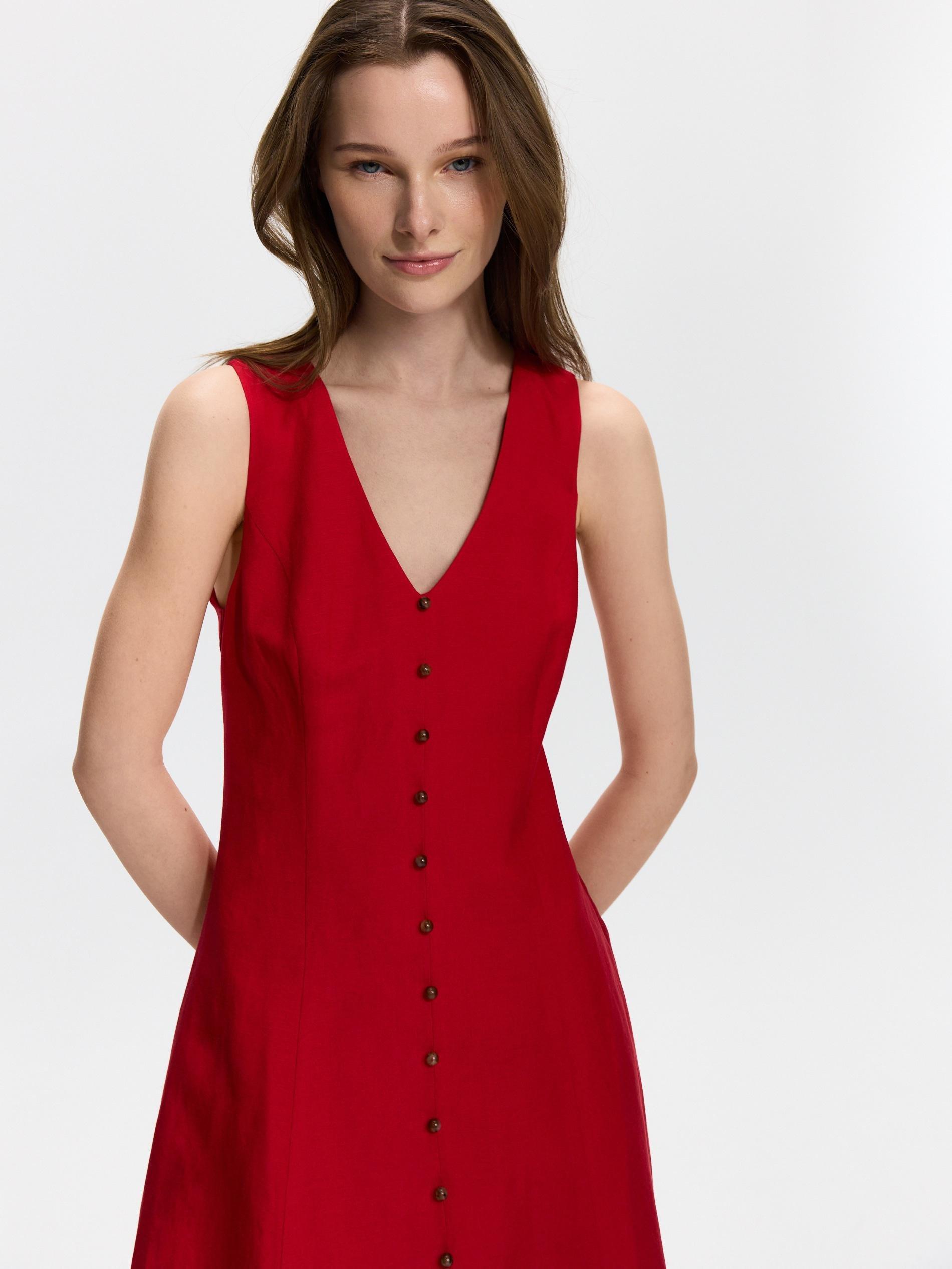 Red Linen Blend Midi Dress, Red, medium