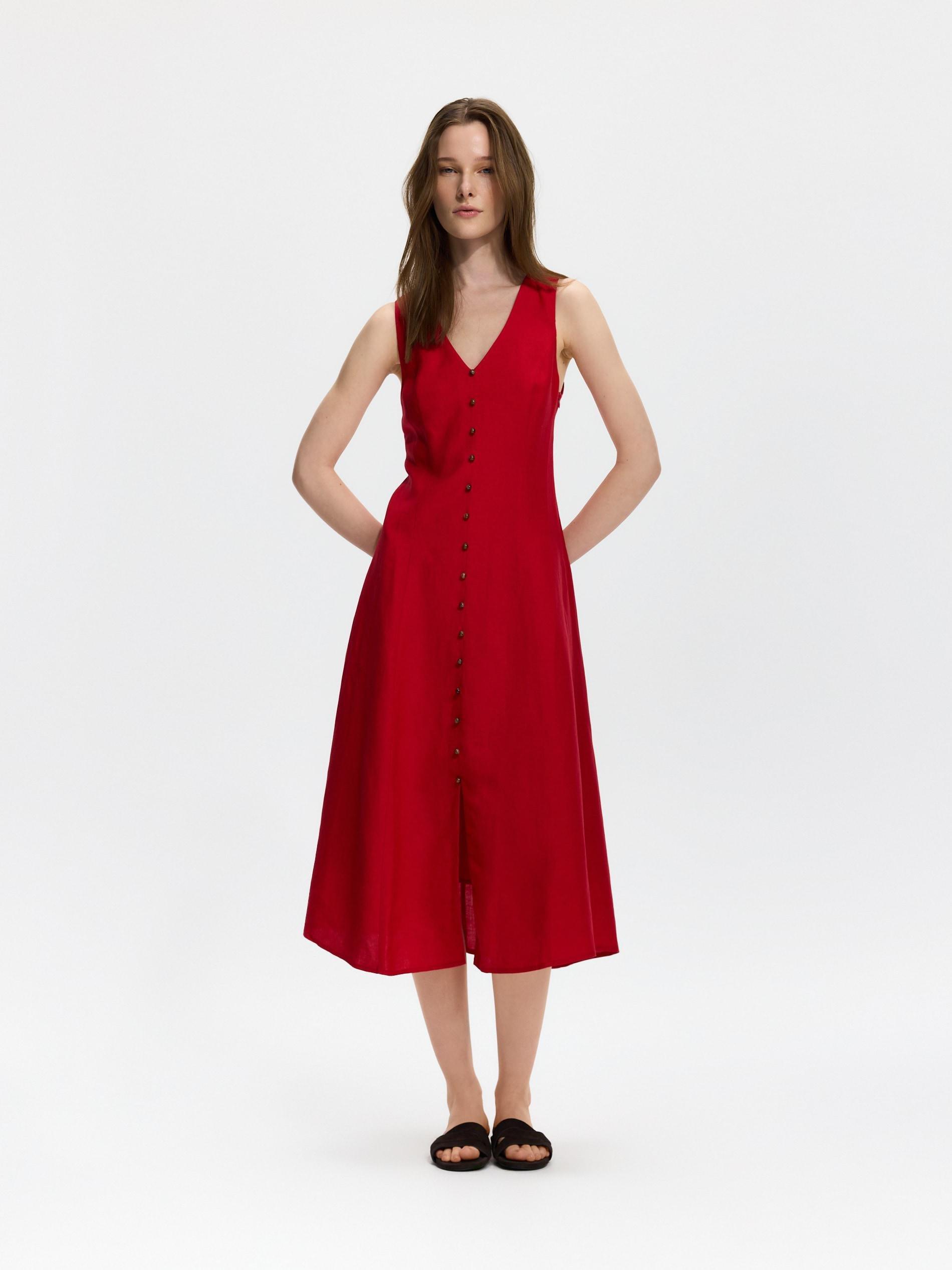 Red Linen Blend Midi Dress, Red, medium