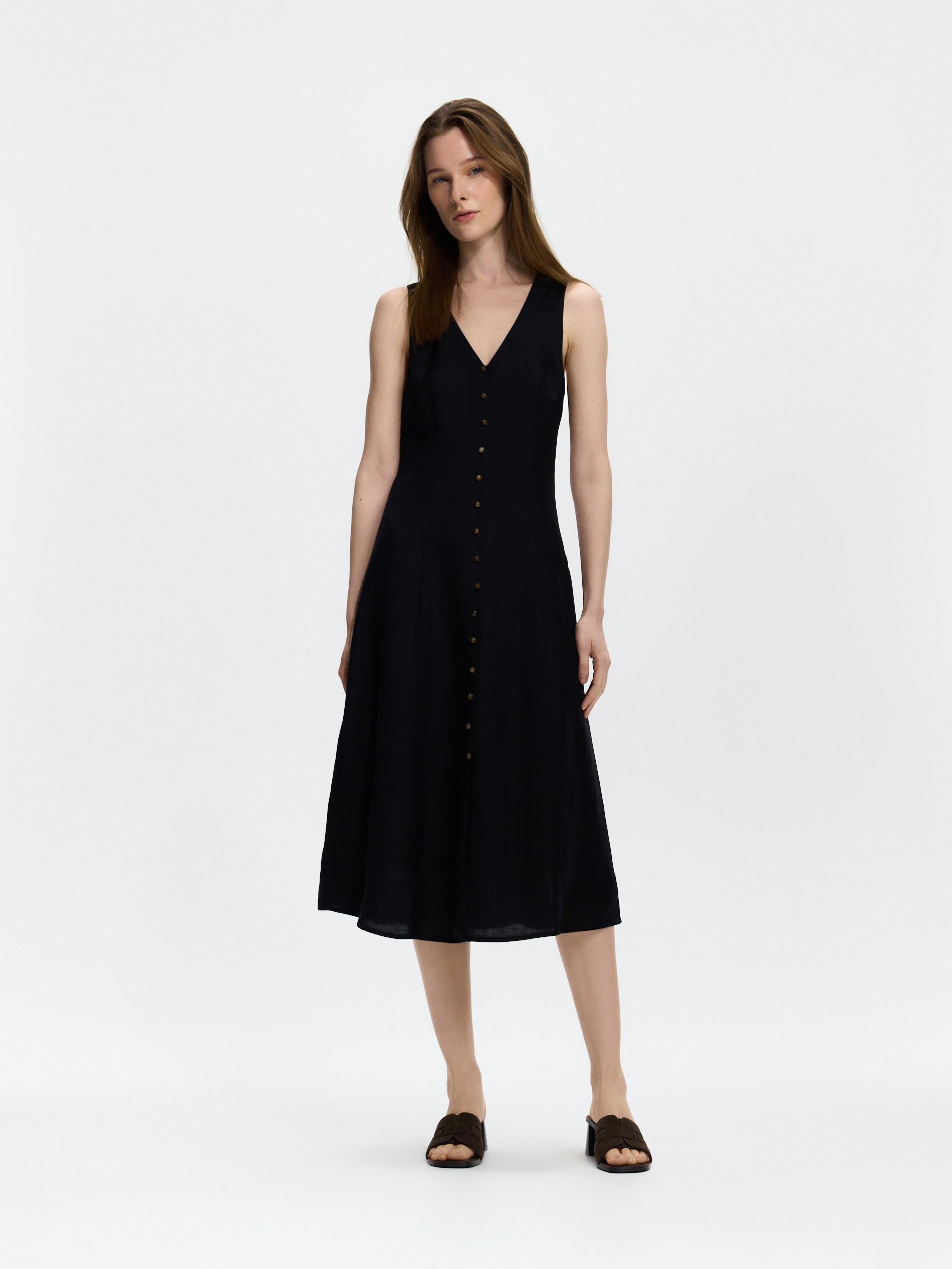 Black Linen Blend Midi Dress, Black, large image number 0