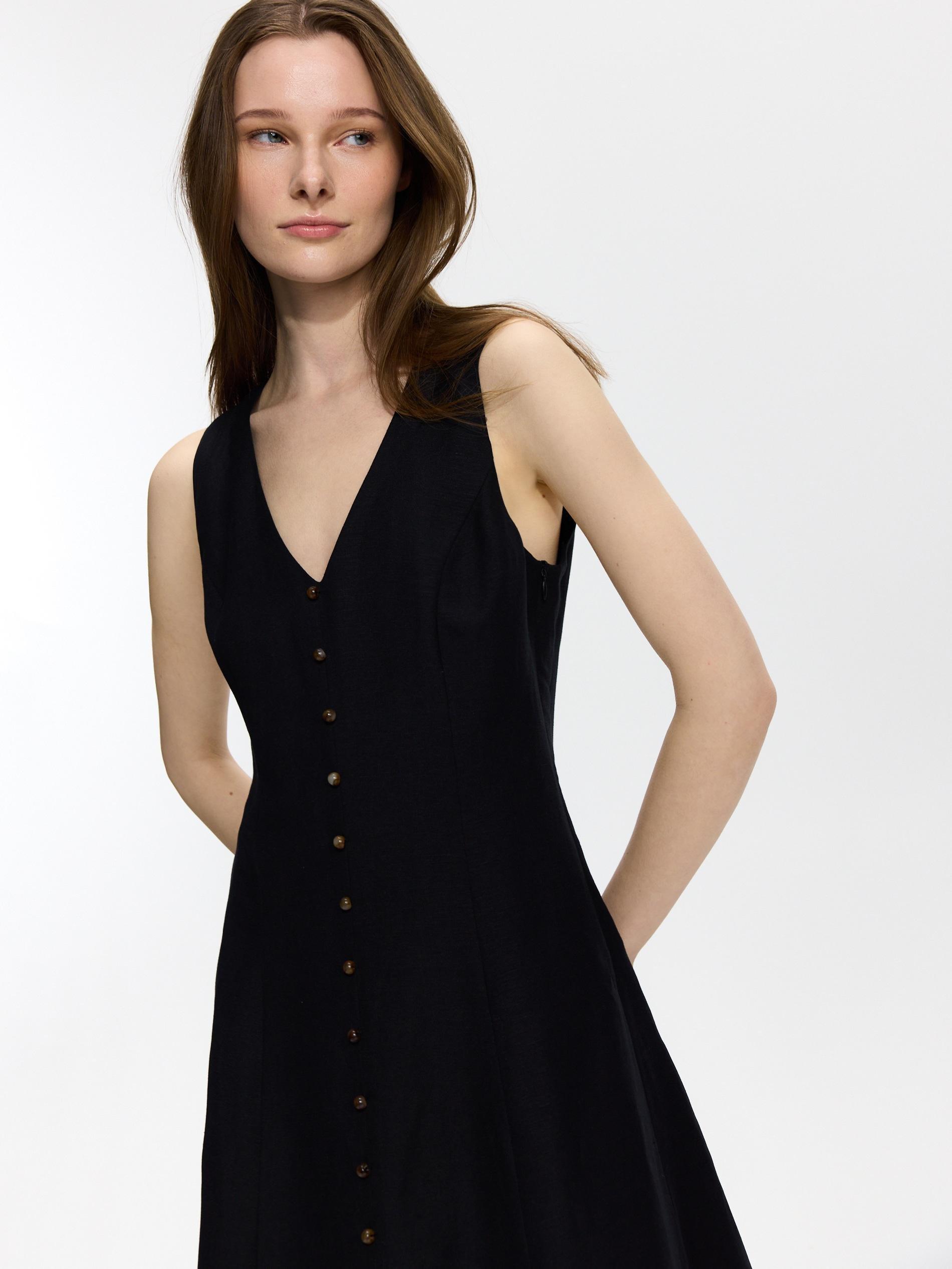 Black Linen Blend Midi Dress, Black, large image number 1