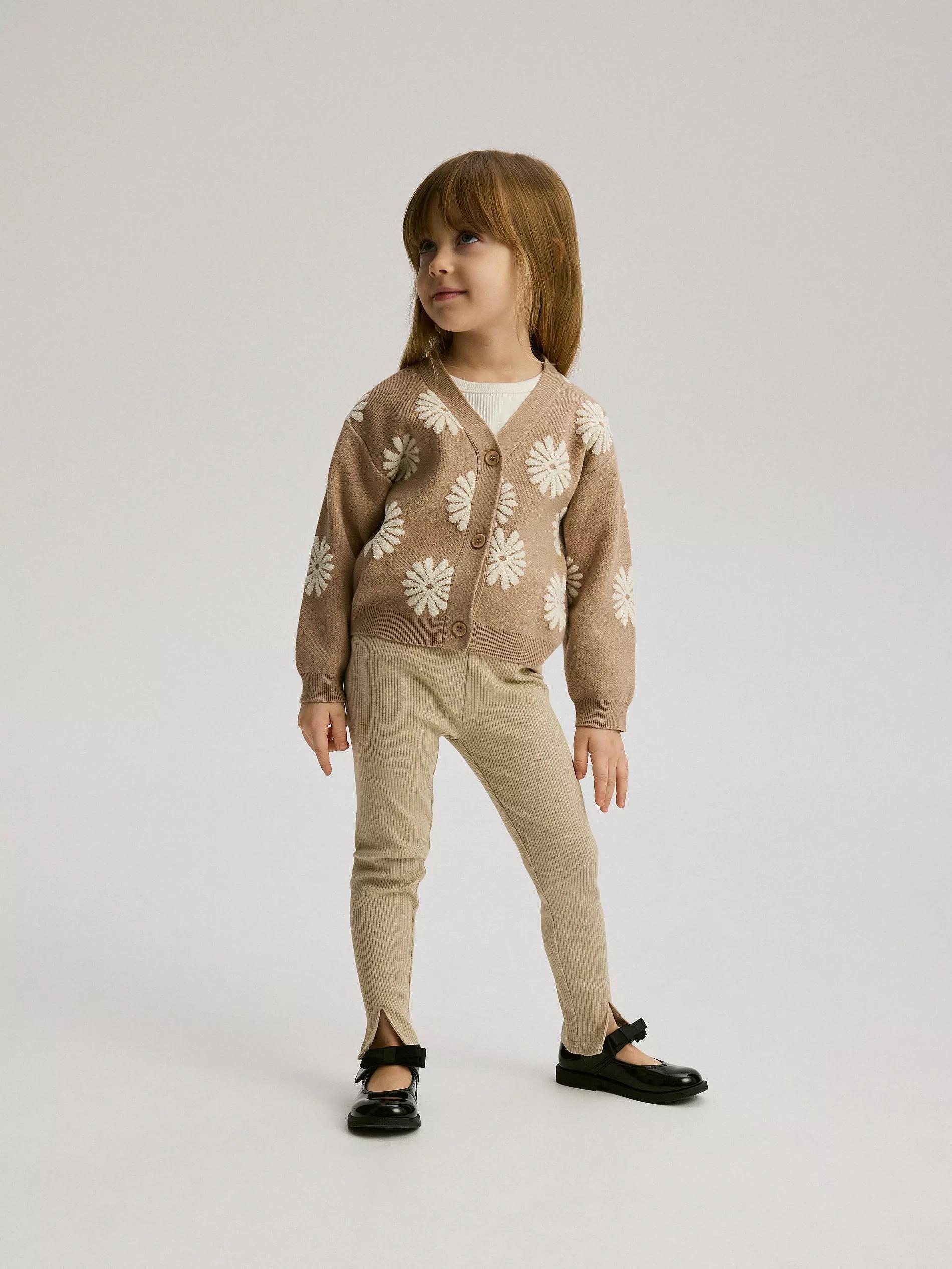 Beige Ribbed Knit Leggings, Beige, large image number 0