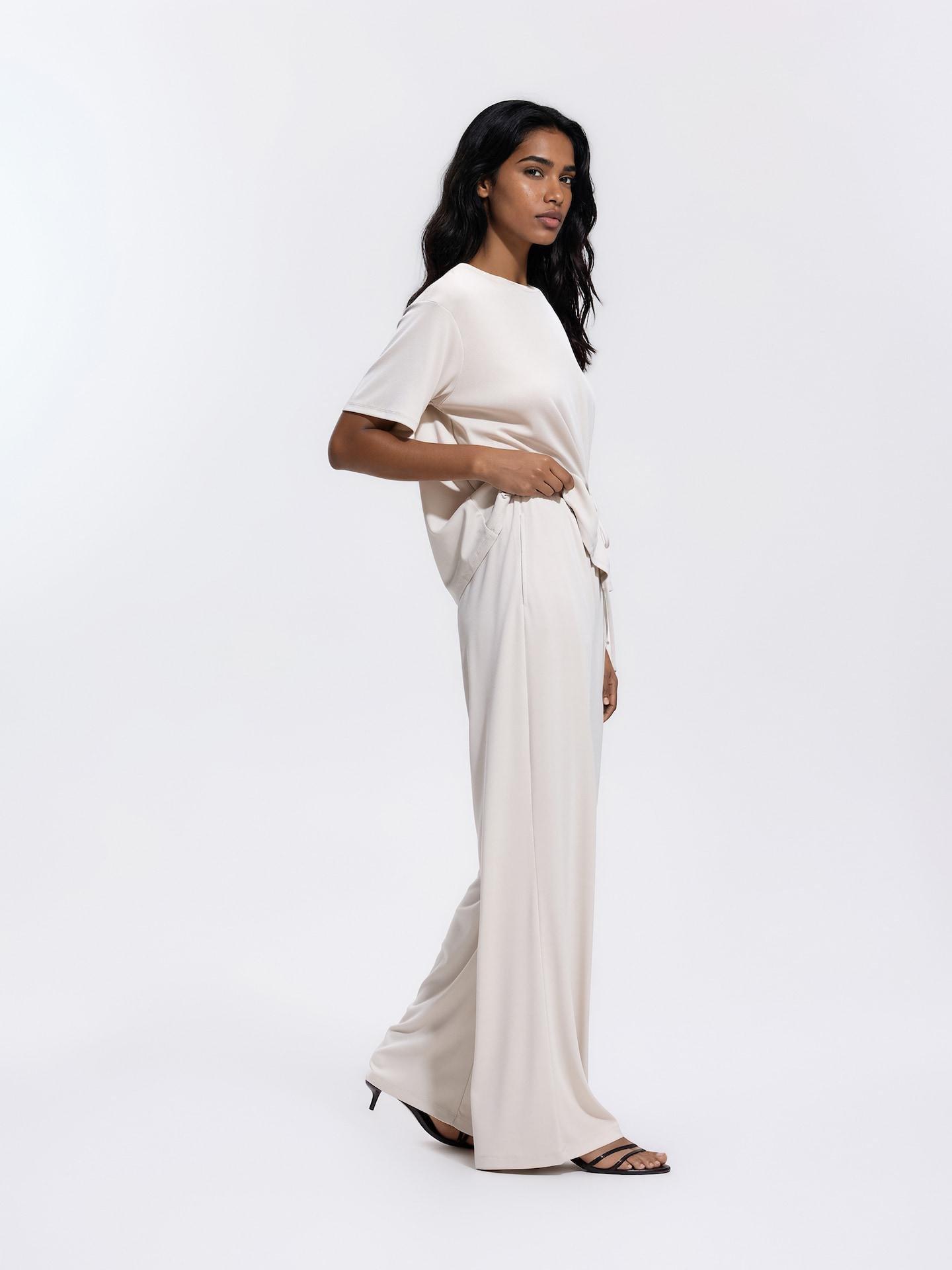 Beige Viscose Rich Wide Leg Trousers, Beige, large image number 0